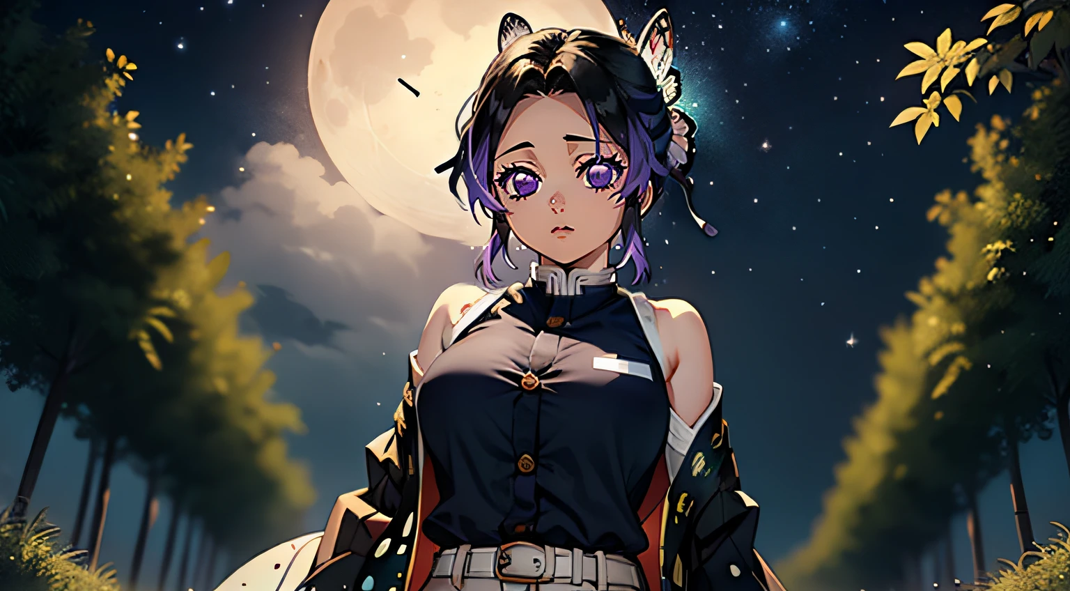 Masterpiece, Best Quality, hight resolution, 1girl, 独奏, Kocho Shinobi, Master Parts, beste-Qualit, supreme, 1girll, In the bamboo forest，There is a huge bright moon in the background, Kochou Shinobu, large butterfly clip in hair, butterfly hair jewelry, violet eyes, multi-colored hair, Short hair, Separate lane, haori, White Japanese cloak, Longer sleeves, black pantsuit, black jacket, belt, Character looking at camera，Decorate your hair with a bow tie, violet eyes, multi-colored hair, Short hair, Parted bangs, Black pants, black jacket, long sleeves, belt, Cowboy shot, in the woods, Looking at the starry sky, Close your mouth, Night with countless stars, the Milky Way