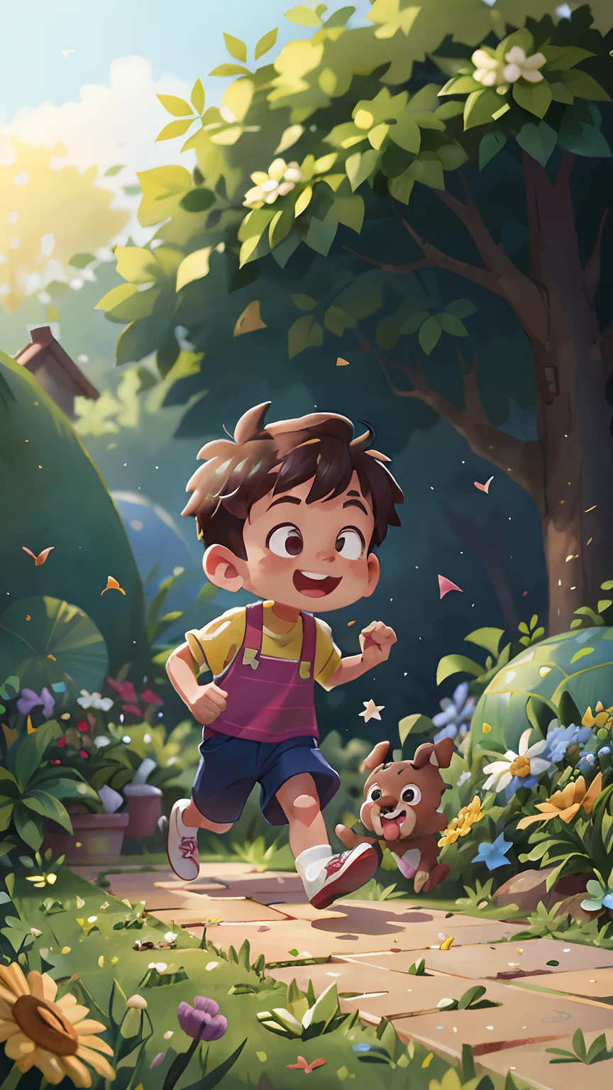 A 6-year-old boy is running in the garden wearing a gardener's outfit, with a cute little dog sticking its tongue out behind him. The picture is clear, the focus is sharp, showing perfect quality and delicate skin, full of intricate details and a happy atmosphere.