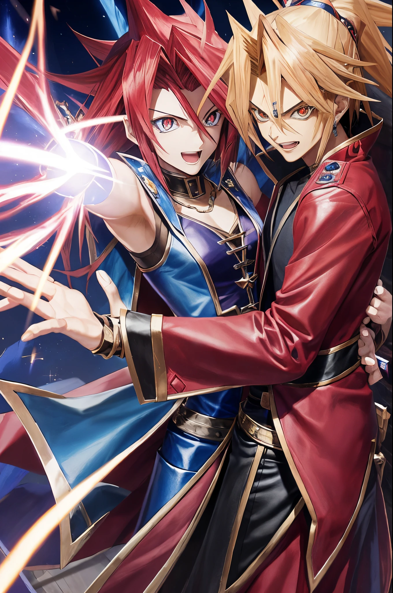 Make a realistic image of Yu Gi Oh's Atem to be used as a medieval RPG villain wearing a wizard's red robe