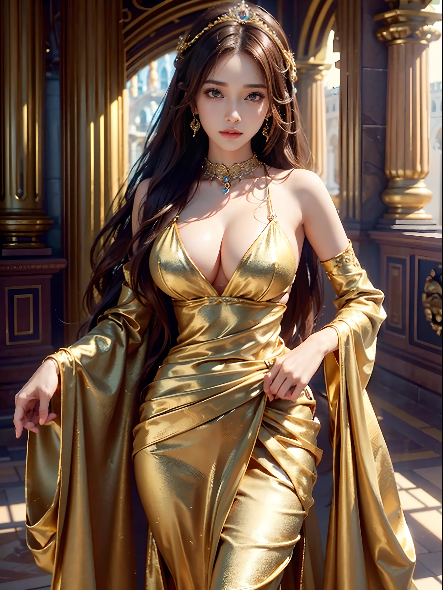 8K、An ultra-high picture quality、1 beautiful girl、(Ultra-realistic details)faces、Brown hair、Superwavy hair、(masutepiece)、(3d rendered)big soft breasts、Slender feminine body、very attractive waist curve、see through dress、GOLD accessory、(Professional cinematic photography、The background is a palace)Close-up from the waist up、