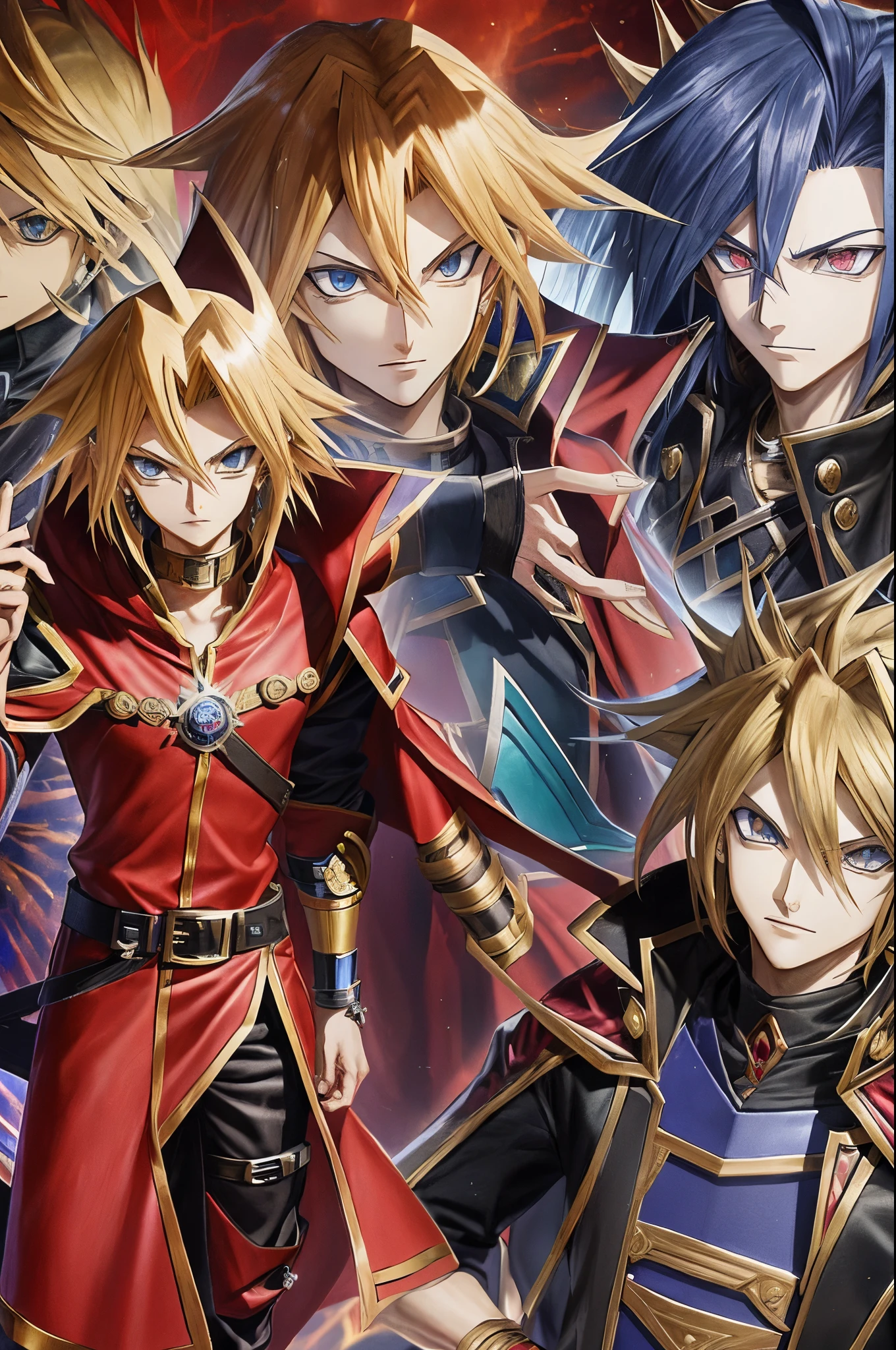 Make a realistic image of Yu Gi Oh's Atem to be used as a medieval RPG villain wearing a wizard's red robe