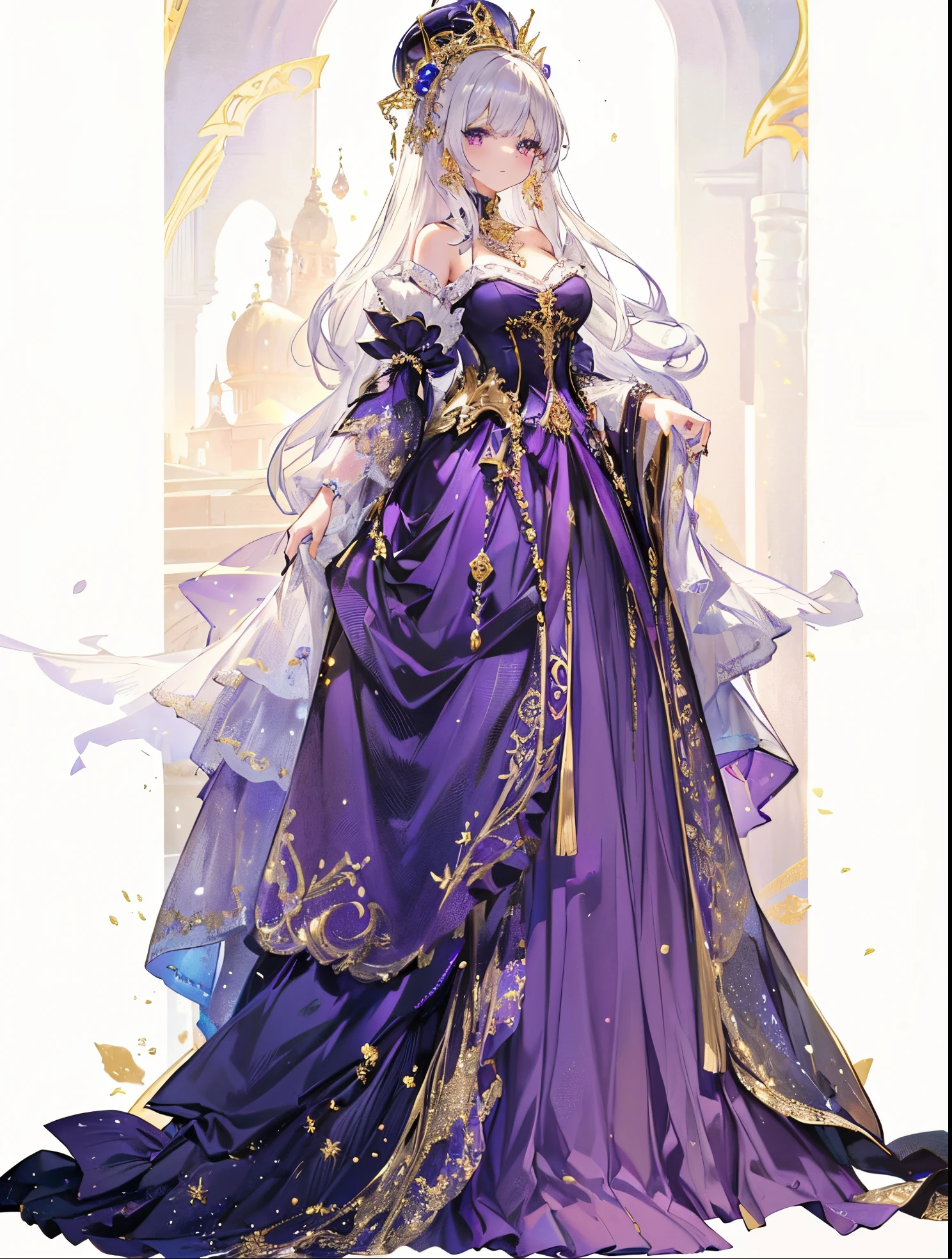 Ultra-realistic photo of a girl in a majestic purple and gold black ball gown dress,Big beautiful dress, Complex puffy ball gown with lots of frills and rhinestones (Best Quality, masutepiece, art stations, Fantasy Art:1.2), Palace rooms, Beautiful cute girl, (long white hair:1.1), (Complex short gold skirt, Bare legs:1.2, Full body shot)