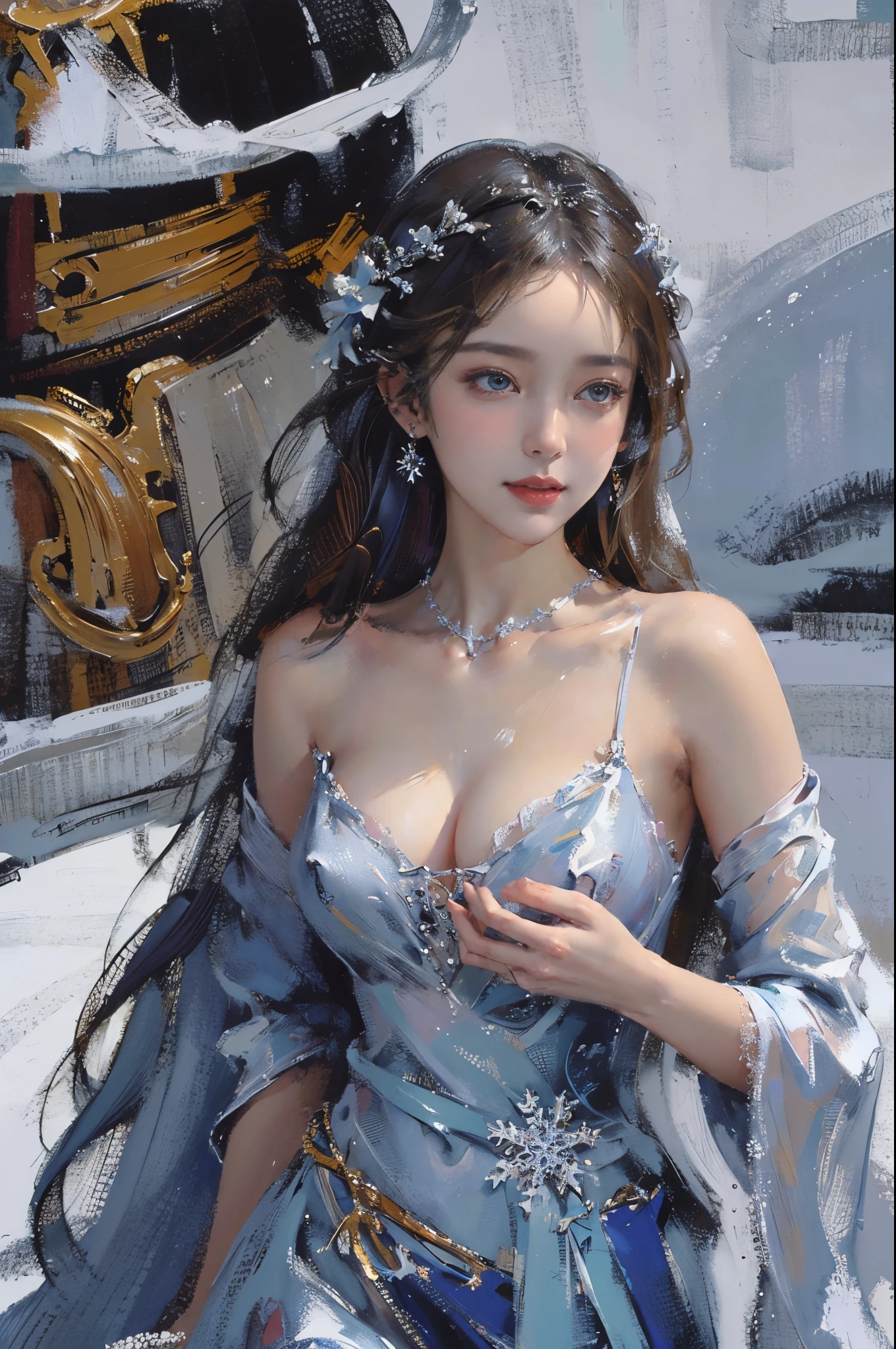 (2  girls),((Yuri))),((Eye contact))),(Look at each other),dancing in the snow, girl, ,(Best quality at best), ((tmasterpiece)), (A high resolution), pay,Perfect mature female figure, slim toned body,Original, mediuml breasts,High detail 8K wallpaper, Sweated,Wet hair,(very delicate beautiful),Contour deepening, realistically, Precise geometry, Complicated details,Smiling, long and flowing hair, Rises with the wind, Snowflake colorful gift,Close-up cleavage,((Sexual suggestiveness)),,(Fechin Oil Painting - Fechin Oil Painting , oil painted), 02