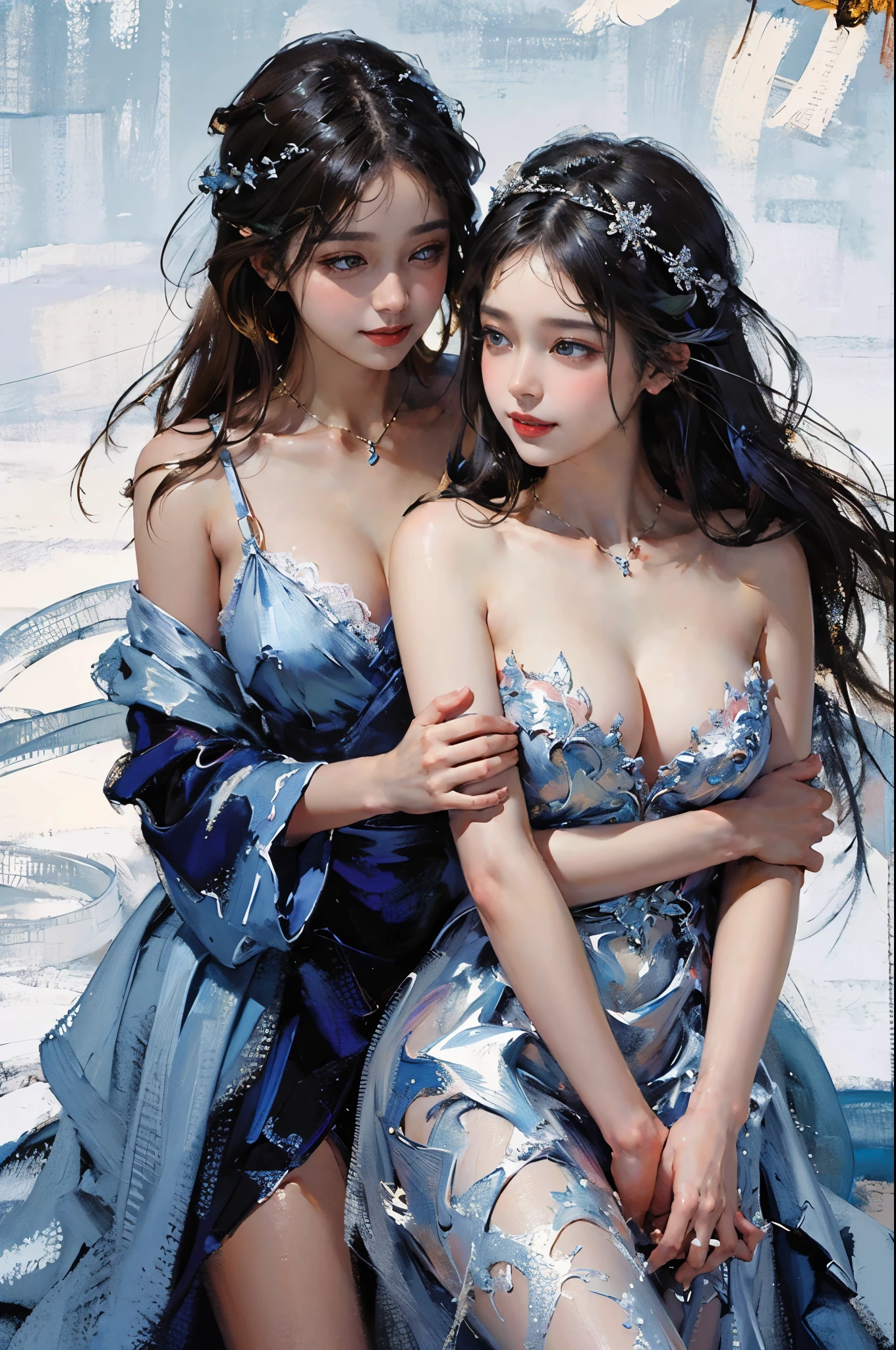 (2  girls),((Yuri))),((Eye contact))),(Look at each other),dancing in the snow, girl, ,(Best quality at best), ((tmasterpiece)), (A high resolution), pay,Perfect mature female figure, slim toned body,Original, mediuml breasts,High detail 8K wallpaper, Sweated,Wet hair,(very delicate beautiful),Contour deepening, realistically, Precise geometry, Complicated details,Smiling, long and flowing hair, Rises with the wind, Snowflake colorful gift,Close-up cleavage,((Sexual suggestiveness)),,(Fechin Oil Painting - Fechin Oil Painting , oil painted), 02