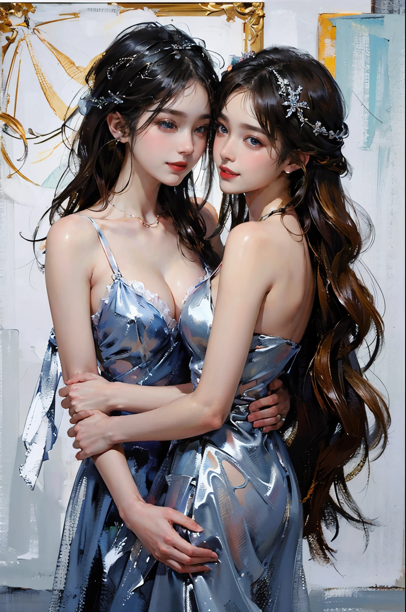 (2 girls),((Yuri))),((Eye contact))),(Look at each other),dancing in the snow, girl, ,(Best quality at best), ((tmasterpiece)), (A high resolution), pay,Perfect mature female figure, slim toned body,Original, mediuml breasts,High detail 8K wallpaper, Sweated,Wet hair,(very delicate beautiful),Contour deepening, realistically, Precise geometry, Complicated details,Smiling, long and flowing hair, Rises with the wind, Snowflake colorful gift,Close-up cleavage,((Sexual suggestiveness)),,(Fechin Oil Painting - Fechin Oil Painting , oil painted), 02