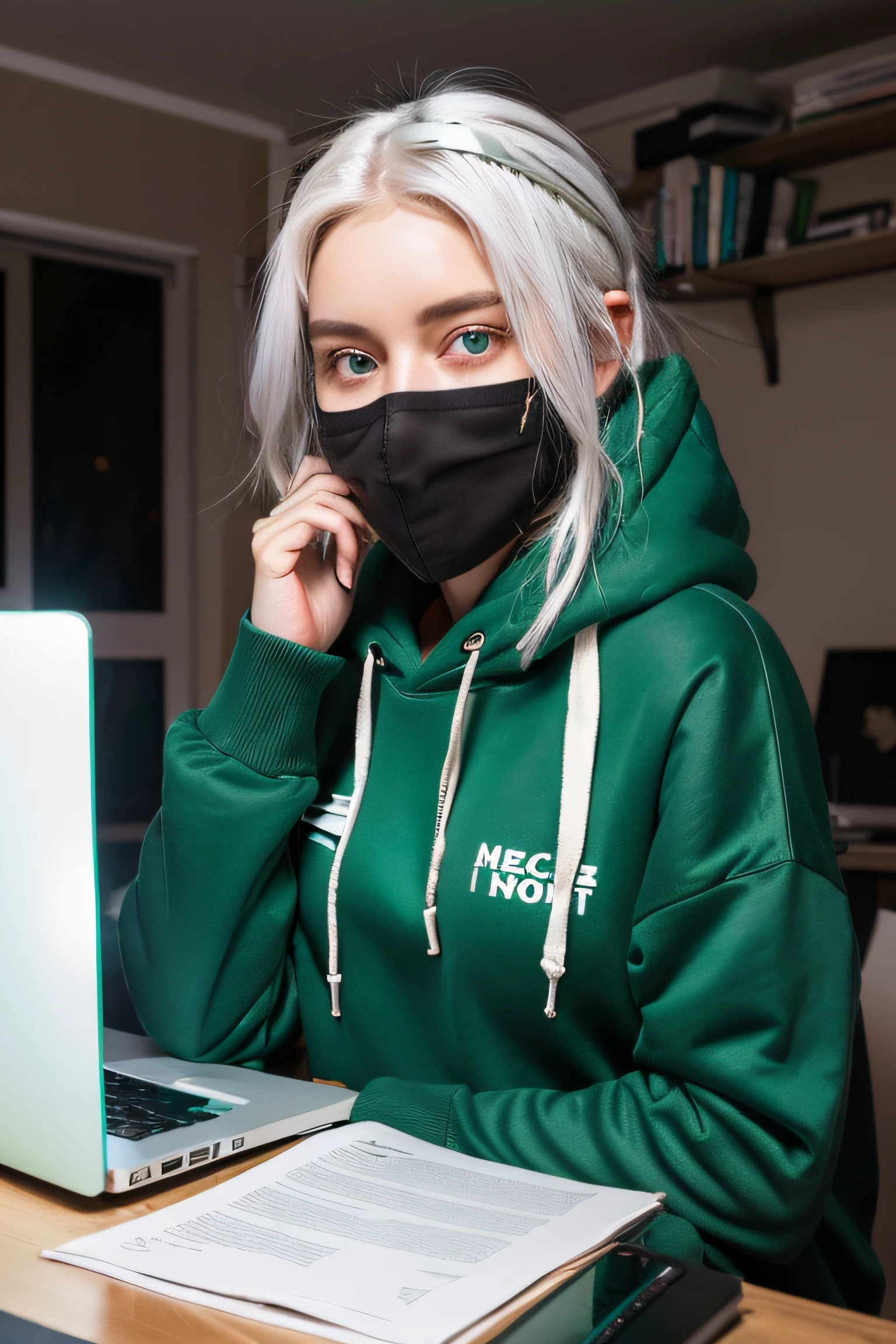 cyber girl, white hair, green eyes, sitting behind a reading desk in her bedroom during the night. She's wearing a casual, dark colored hoodie covering half her face with a face mask and her room is dark with only the soft glow of her laptop screen. The woman is looking directly into the camera lens, her face illuminated showing determination and focus