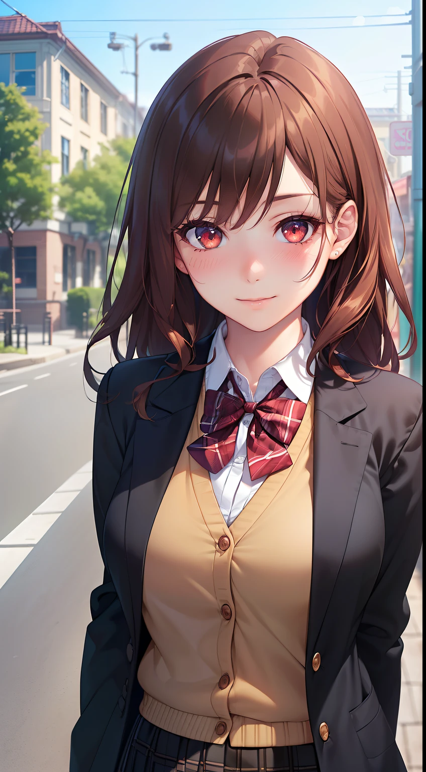 ((masterpiece, best quality, highres, UHD, perfect pixel, depth of field, 4k, RTX, HDR))), 1girl, single, solo, beautiful anime girl, beautiful artstyle, anime character, ((long hair, bangs, brown hair, curly hair:0.8)), ((red eyes:1.4, rounded eyes, beautiful eyelashes, realistic eyes)), ((detailed face, blushing:1.2)), ((smooth texture:0.75, realistic texture:0.65, photorealistic:1.1, anime CG style)), medium breasts, dynamic angle, perfect body, ((portrait, pov)), ((red bowtie, school uniform, black jacket, open jacket, brown cardigan, white shirt, black skirt, plaid skirt)), smile, amusement park