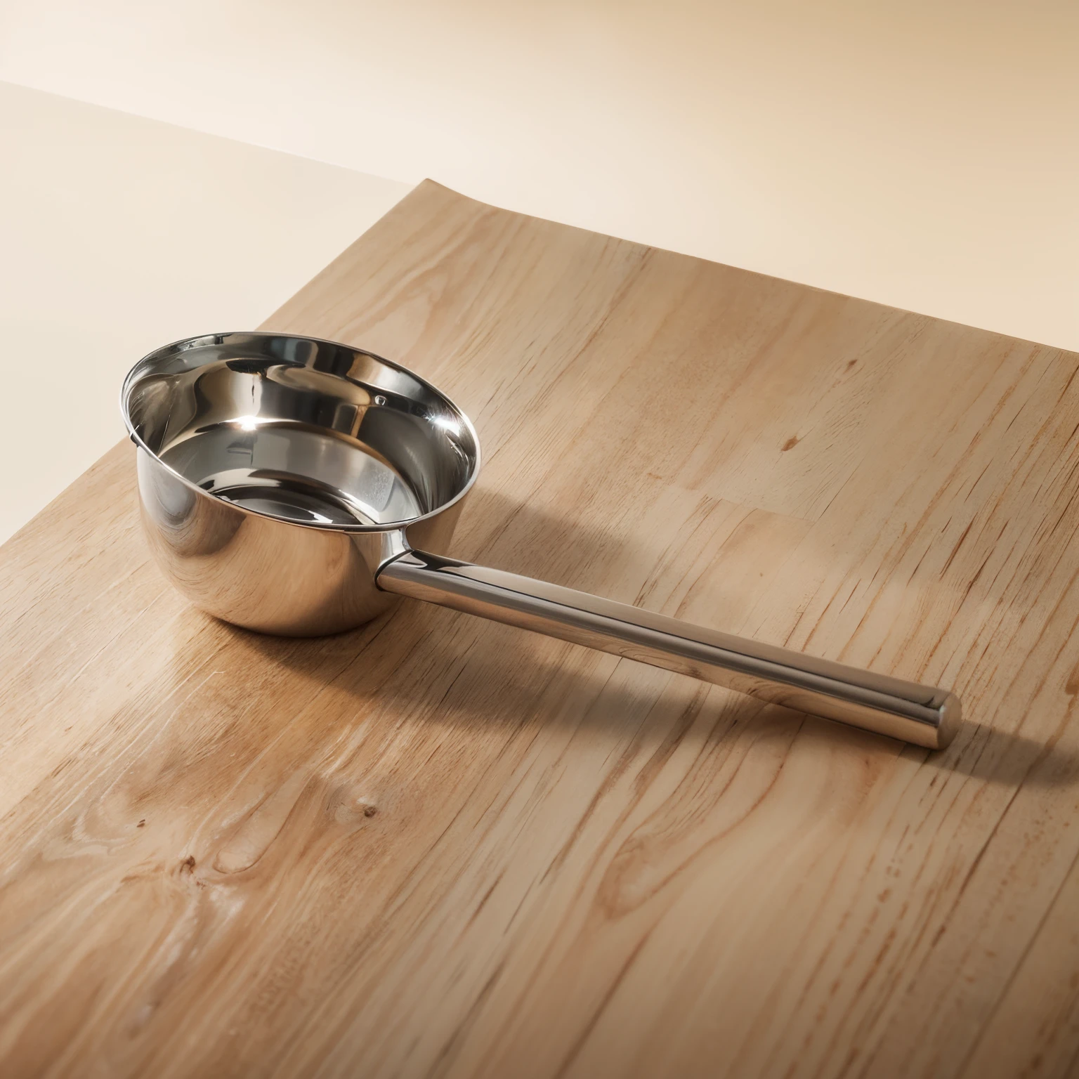 (Best quality, ultra - detailed, actual:1.37), Close-up of metal measuring spoon with handle on kitchen table, Shiny surface, Made of stainless steel, Textured wooden table, natural  lightting, Minimalist composition, neutral color palette, Clean and pristine environment, Precise measurement, Professional food photography aesthetics