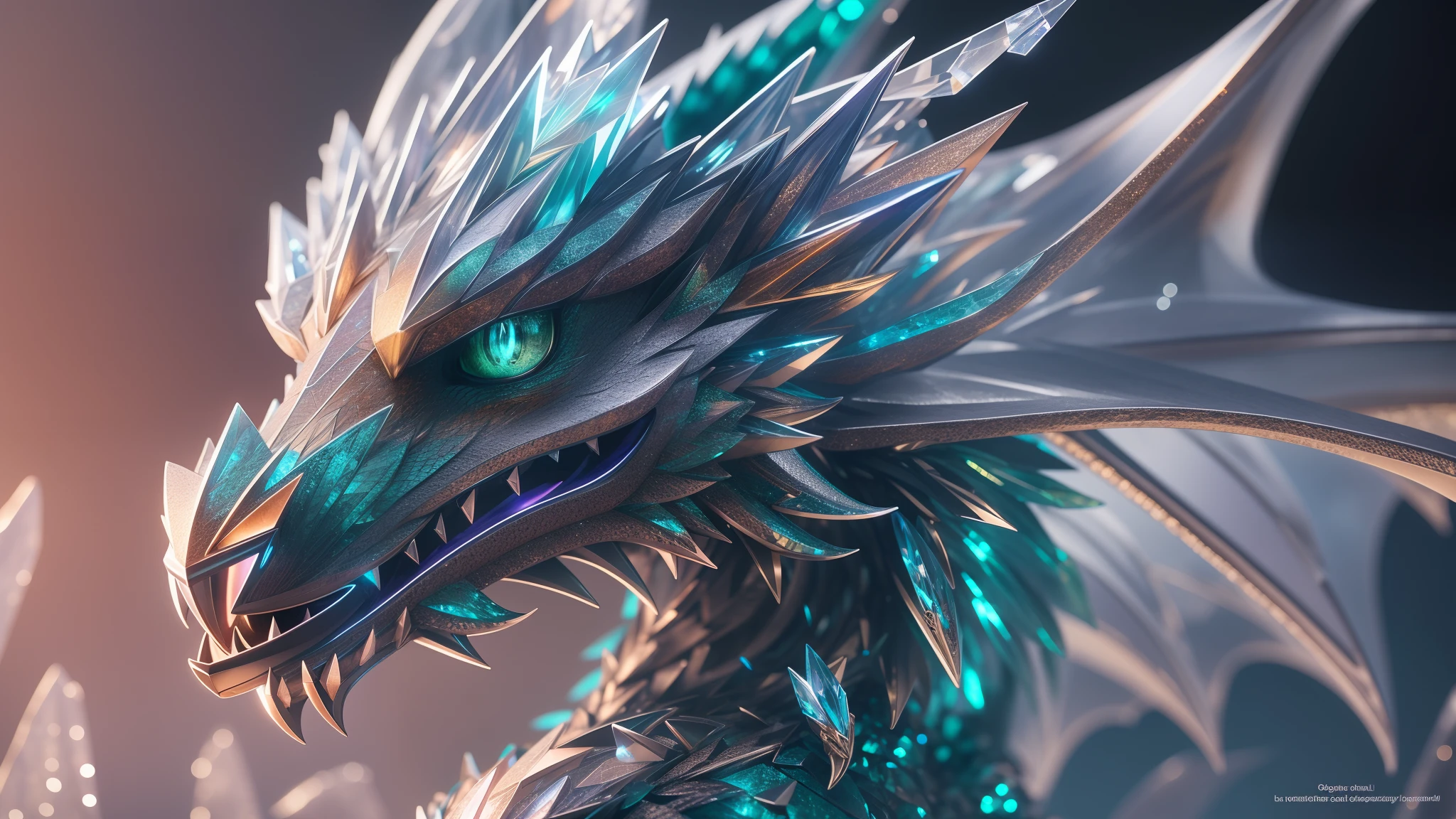 A cute crystal dragon with sparkling crystal wings, enhanced with a touch of cyborg elements, showcasing intricate details. The dragon is beautifully captured through a cinematographic lens, with a subtle vignetting effect to draw attention to its majestic presence. The composition is centered, emphasizing the dragon as the main focal point. The image quality is of the highest standards, ensuring the best quality, 16k resolution. The artwork exhibits ultra-detailed craftsmanship, bringing out the fine intricacies of the crystal dragon's features. The realism of the piece is enhanced, showcasing a photorealistic rendering that captures every nuance and texture. The color palette is vibrant, with vivid colors that emphasize the crystal's ethereal beauty. The lighting is carefully crafted with studio lighting techniques, creating a mesmerizing play of light and shadow that accentuates the dragon's form.