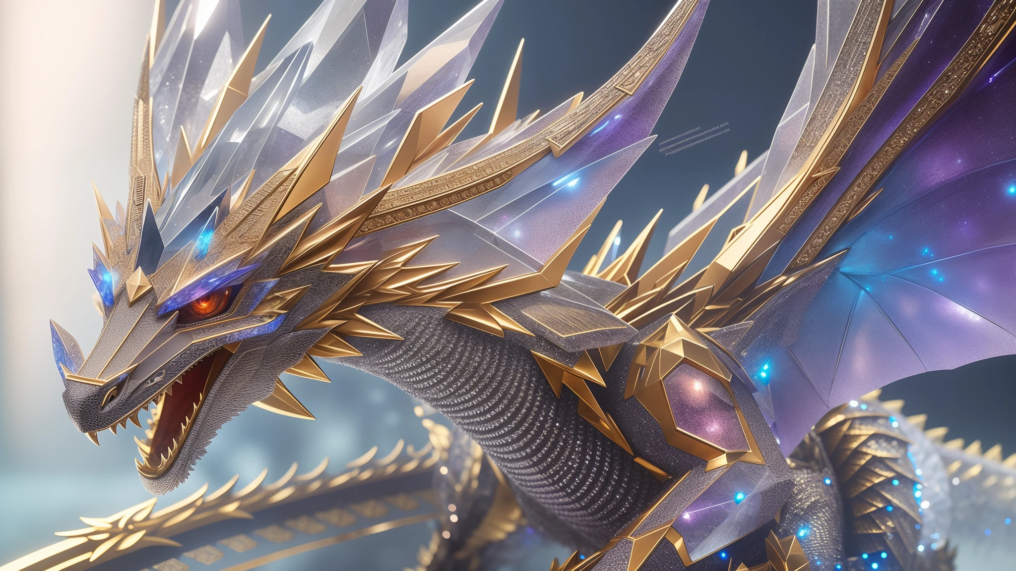 A cute crystal dragon with sparkling crystal wings, enhanced with a touch of cyborg elements, showcasing intricate details. The dragon is beautifully captured through a cinematographic lens, with a subtle vignetting effect to draw attention to its majestic presence. The composition is centered, emphasizing the dragon as the main focal point. The image quality is of the highest standards, ensuring the best quality, 16k resolution. The artwork exhibits ultra-detailed craftsmanship, bringing out the fine intricacies of the crystal dragon's features. The realism of the piece is enhanced, showcasing a photorealistic rendering that captures every nuance and texture. The color palette is vibrant, with vivid colors that emphasize the crystal's ethereal beauty. The lighting is carefully crafted with studio lighting techniques, creating a mesmerizing play of light and shadow that accentuates the dragon's form.