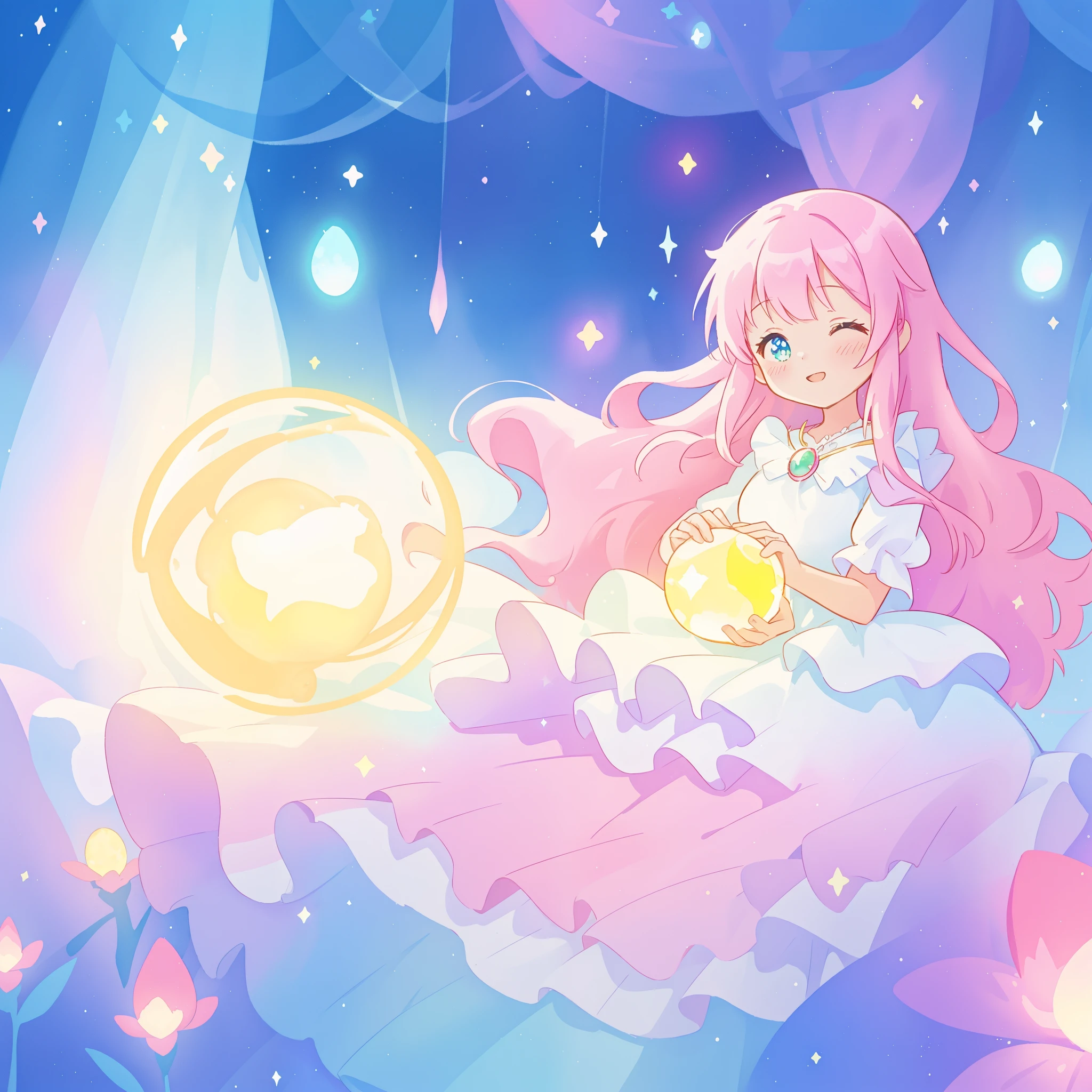 beautiful girl in sparkling white dress holding a magical sphere, ((sparkling puffy layered ballgown)), (magical, whimsical), (glowing magical orb), long flowing colorful hair, colorful fantasia background, watercolor illustration, disney art style, glowing aura around her, glowing lights, beautiful digital illustration, fantasia otherworldly landscape plants flowers, beautiful, masterpiece, best quality, anime disney style