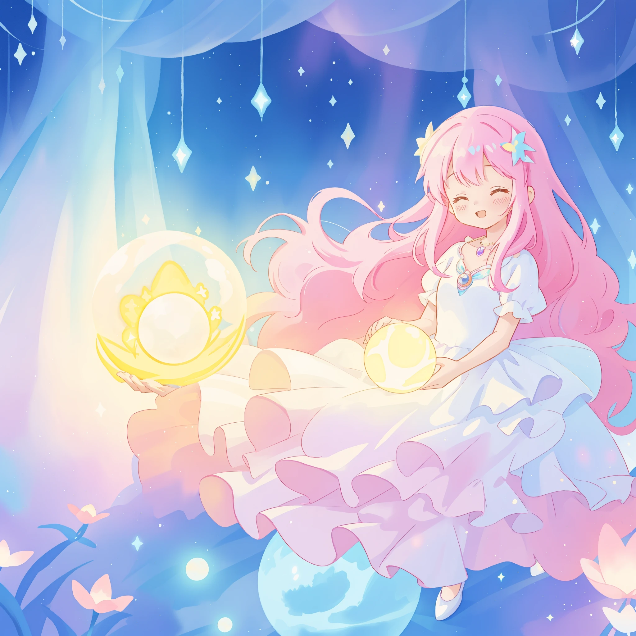 beautiful girl in sparkling white dress holding a magical sphere, ((sparkling puffy layered ballgown)), (magical, whimsical), (glowing magical orb), long flowing colorful hair, colorful fantasia background, watercolor illustration, disney art style, glowing aura around her, glowing lights, beautiful digital illustration, fantasia otherworldly landscape plants flowers, beautiful, masterpiece, best quality, anime disney style