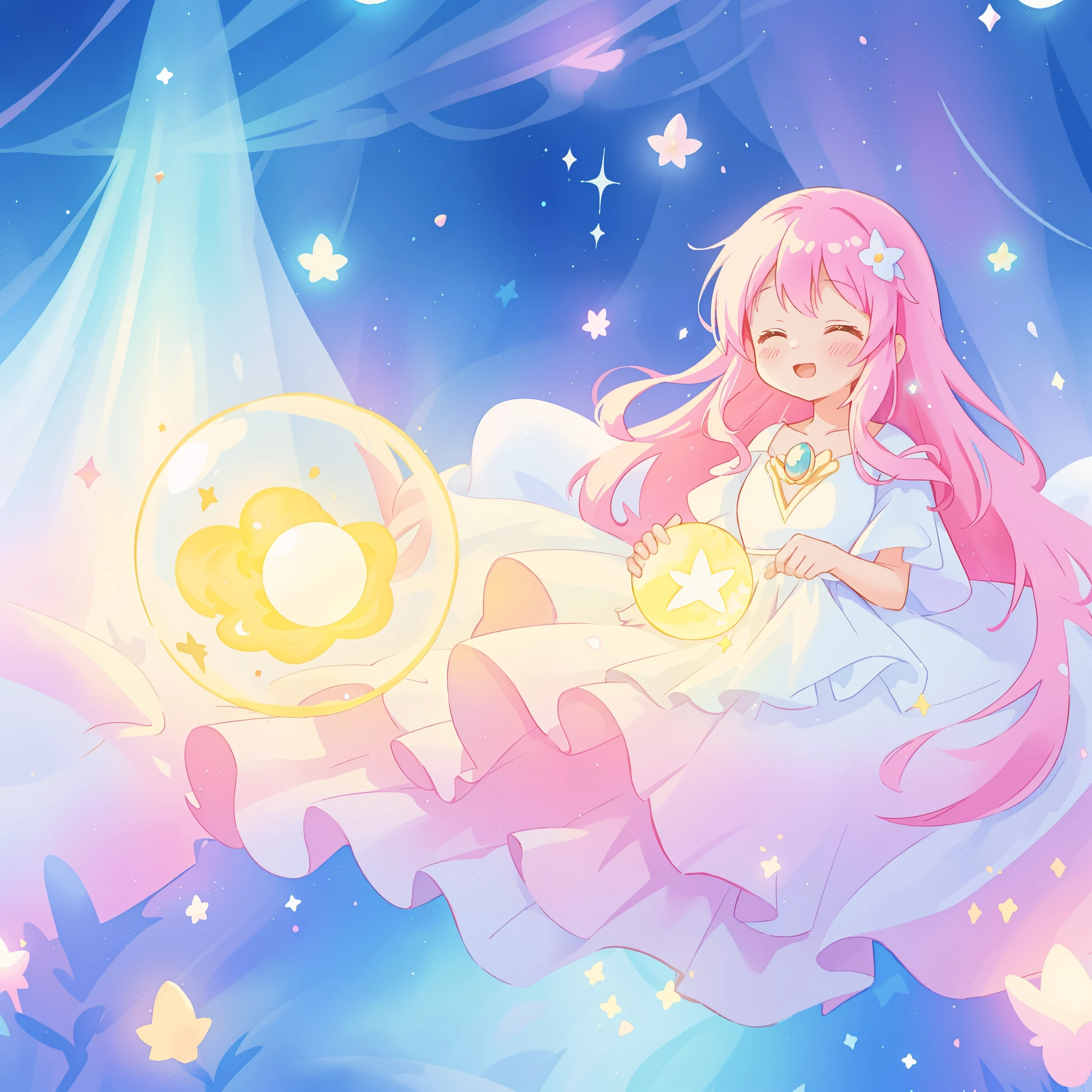 beautiful girl in sparkling white dress holding a magical sphere, ((sparkling puffy layered ballgown)), (magical, whimsical), (glowing magical orb), long flowing colorful hair, colorful fantasia background, watercolor illustration, disney art style, glowing aura around her, glowing lights, beautiful digital illustration, fantasia otherworldly landscape plants flowers, beautiful, masterpiece, best quality, anime disney style