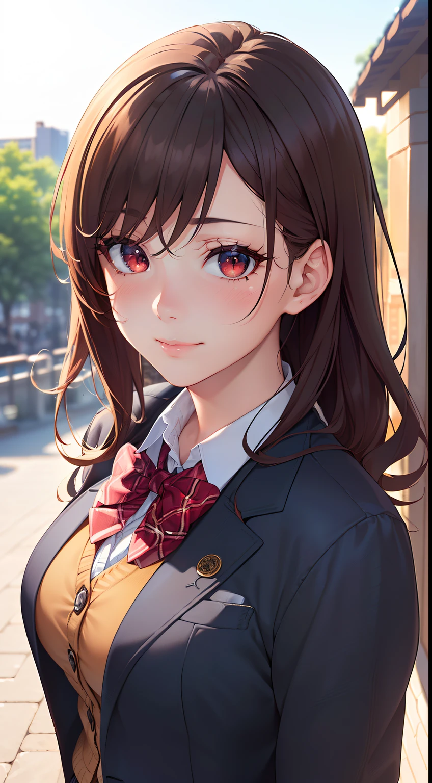 ((masterpiece, best quality, highres, UHD, perfect pixel, depth of field, 4k, RTX, HDR))), 1girl, single, solo, beautiful anime girl, beautiful artstyle, anime character, ((long hair, bangs, brown hair, curly hair:0.8)), ((red eyes:1.4, rounded eyes, beautiful eyelashes, realistic eyes)), ((detailed face, blushing:1.2)), ((smooth texture:0.75, realistic texture:0.65, photorealistic:1.1, anime CG style)), medium breasts, dynamic angle, perfect body, ((portrait, pov)), ((red bowtie, school uniform, black jacket, open jacket, brown cardigan, white shirt, black skirt, plaid skirt)), smile, amusement park