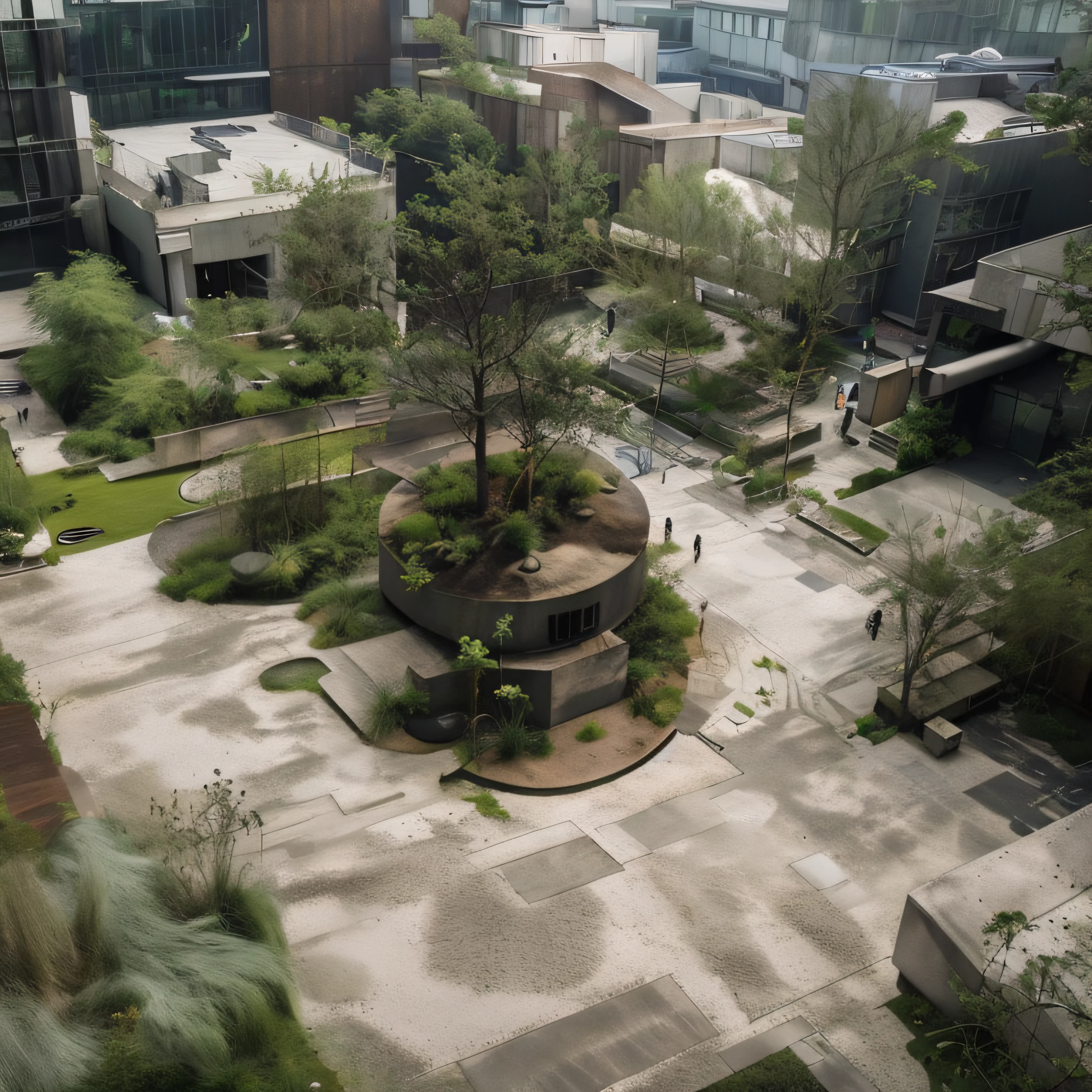 community space, concrete,Sunlight, vegetation,lawn,speaker々, Comprehensive、Wide lawn,natural colors lying on the grass, Ray traching[Ray traching]