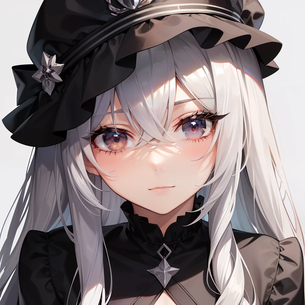 A pretty lady with long silver hair and black eyes, wearing a branded clothes, looking at you with a shyly, villa hall background, modern era, close up.