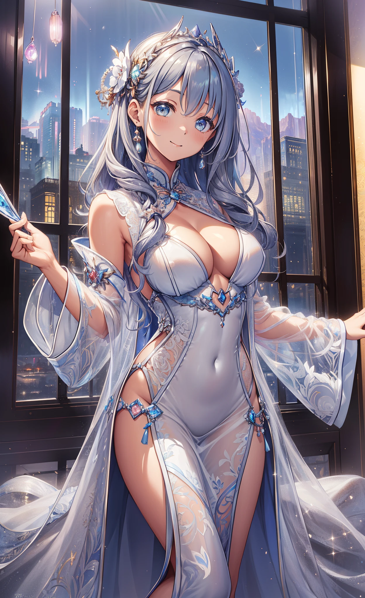 top-quality、Top image quality、tmasterpiece、girl ((、best bust、medium chest circumference、obsessed、Girl's face、tempting pose、Breasts wide open,silver slightly curly hair、slenderness、Grand canyon、Silver Hanfu mixed cheongsam、Transparent white coat))high high quality、beautiful art、Background with((luxury hotel、Night view windows)))、visual art、depth of fields、Diamonds adorn clothes,Sparkling,Full body lesbian