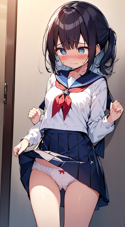 masutepiece, Best Quality,Illustration, Wallpaper, ultra -detail, Little Face Lori、(((molesting)))、Detailed eyes, Complex hairstyle、Sareme、((fear:1.5))、(Teary-eyed:1.5)、(((Cute underwear)))、(a sailor suit、skirt by the)、ample breasts、((Morester))、((Girl being taken off her skirt by a man))