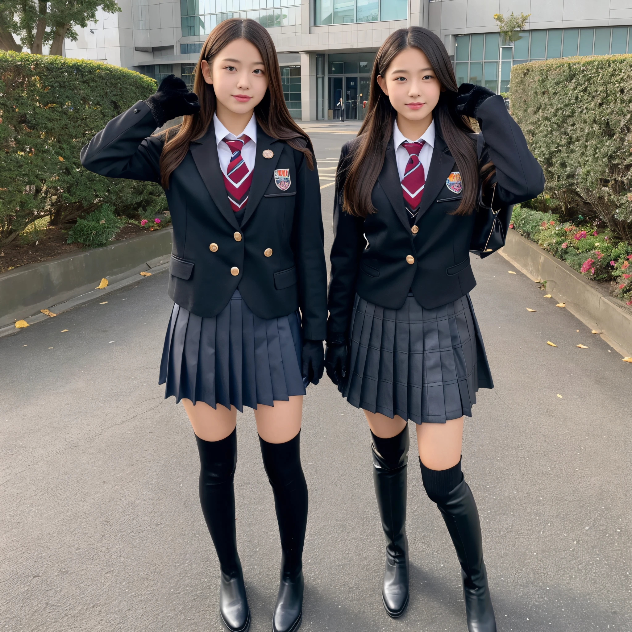 Two beautiful girls、Blazer School Uniform、A dark-haired、straight haired、(One has long hair、The other one has a short bob)、schools、early evening、14years、Long skirt below knee length、lowfers、one person hugs、Bring your face closer、tired expression、