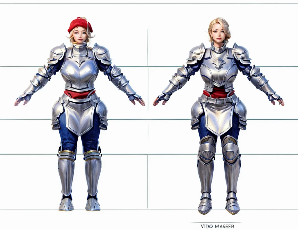 (Masterpiece, best quality: 1.2), (Super detailed), (Illustration) a close up of a person in armor with a red hat, full body character concept, full body concept, detailed full body concept art, concept armor, detailed full body concept, full body concept art, valkyrie style character, game character design, concept character, full body character concept art, 3 d character reference sheet, female mecha, video game character concept, detailed character design, character sheet, character model sheet turnaround , Paladin wearing Silver Chain Shirt Armor with Moonlit Edges