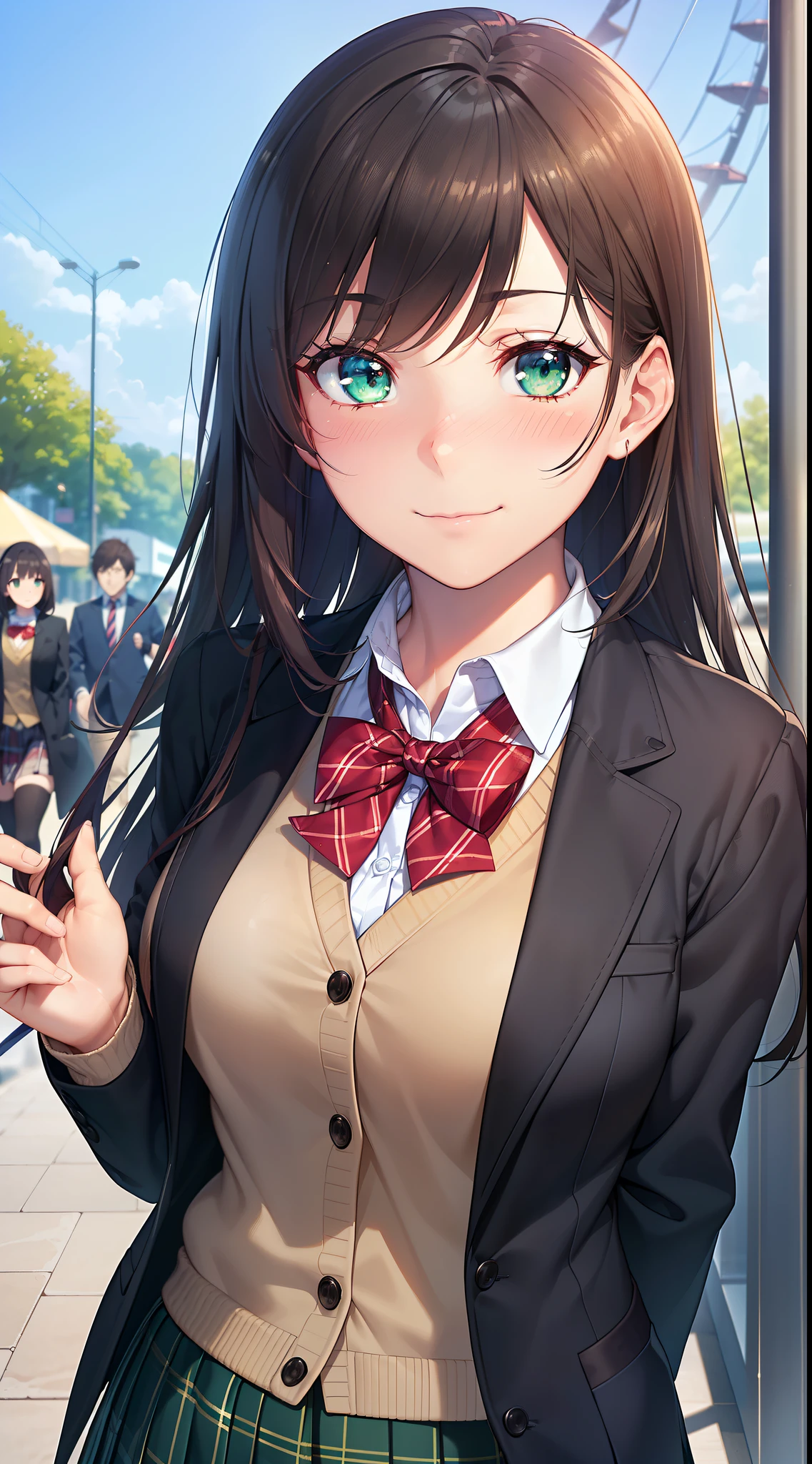 ((masutepiece, Best Quality, hight resolution, nffsw, Perfect Pixel, depth of fields, 4K, nffsw, nffsw))), 1girl in, Single, Solo, Beautiful anime girl, Beautiful Art Style, Anime Character, ((Long hair, Bangs, Black hair, Curly hair:0.8)), ((Green eyes:1.4, rounded eyes, Beautiful eyelashes, Realistic eyes)), ((Detailed face, Blushing:1.2)), ((Smooth texture:0.75, Realistic texture:0.65, Photorealistic:1.1, Anime CG style)), medium breasts, Dynamic Angle, Perfect body, ((Portrait, POV)), ((red bowtie, School uniform, Black jacket, Open jacket, Brown cardigan, White shirt, Black skirt, plaid skirts)), Smile, amusement park