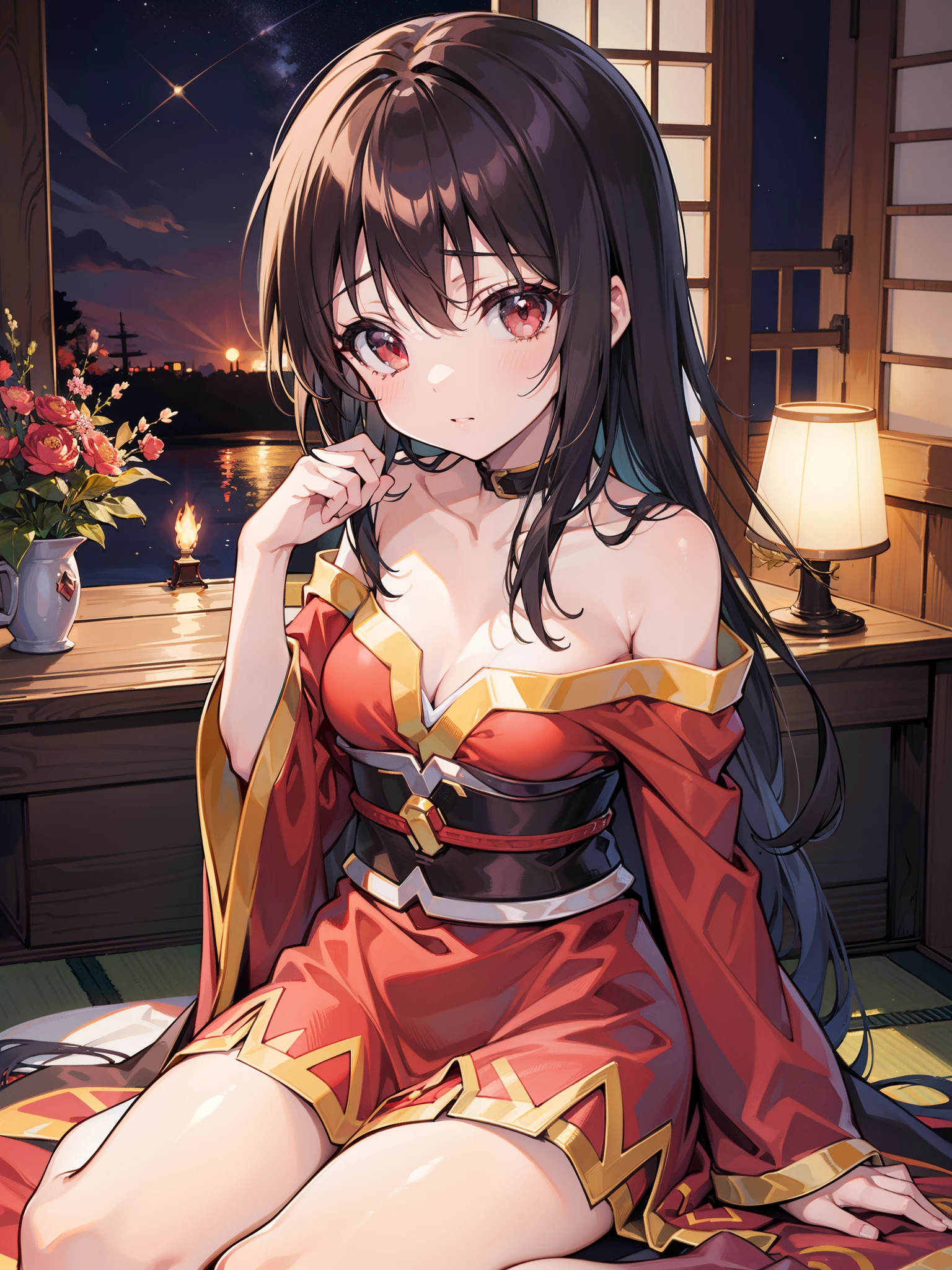 Uma garota das flores (Megumin Konosuba), red eyes, cabelos curtos, cabelos castanhos,. Tudo coberto de flores, Descanse em seu trono feito de galhos e plantas no meio de um jardim primaveril.. She is extremely beautiful and her skin is clear and fine., Your eyes are innocent and sweet, night, Japan, Sakura, kimono.