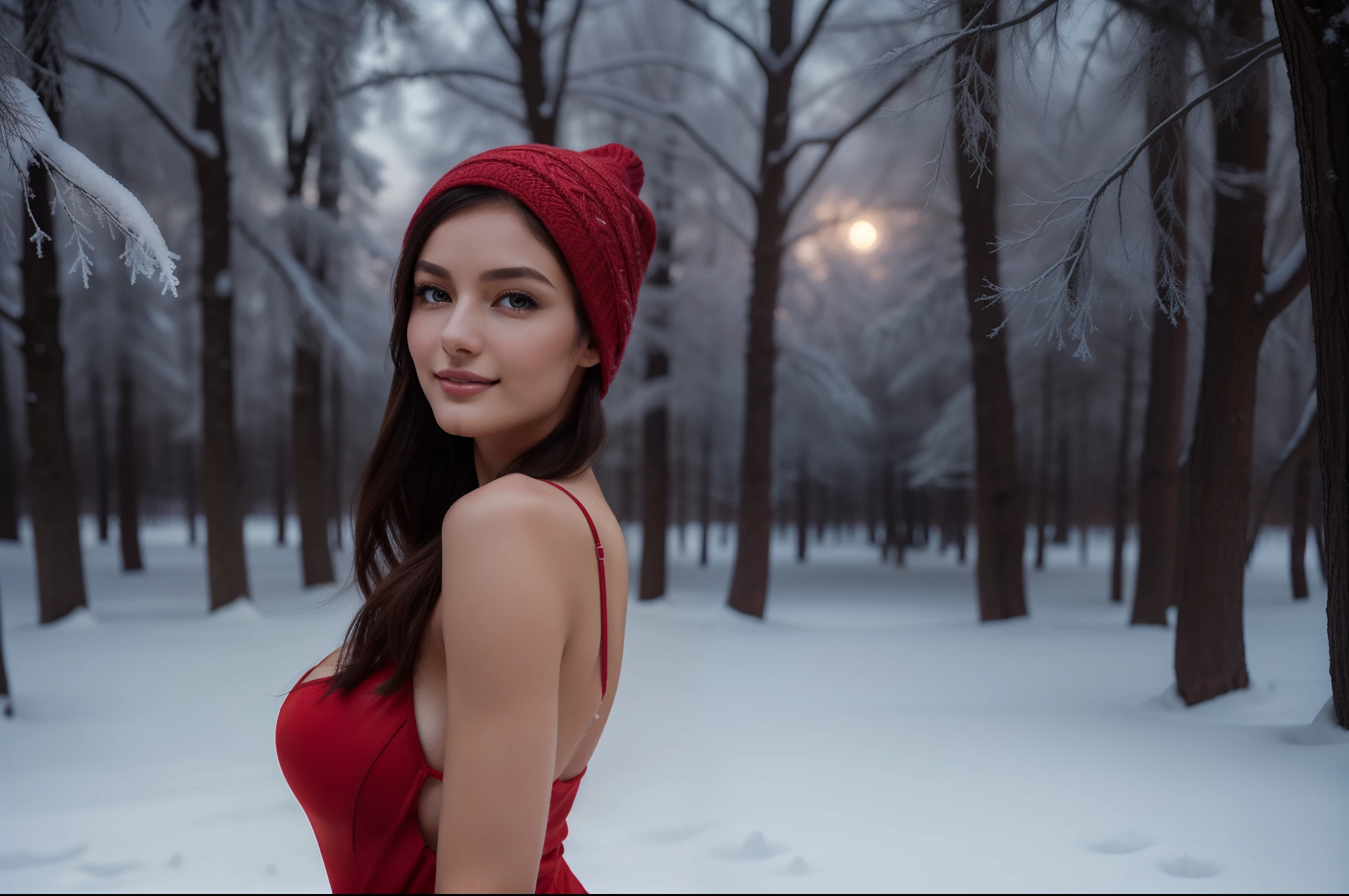 (best quality, highres, ultra-detailed), a girl in the winter night, (((1girl))),(((solo))),(((a girl alone))),(18years old),[the face is combination of (((irene1:1.2))) and (((Excella_er5:1.2)))],(sharp focus:1.5),beautiful detailed eyes,beautiful detailed lips,extremely detailed eyes and face,long eyelashes,gorgeous girl,feminine charm,pearl skin,(skin pores:1.1),extremely detailed face and skin texture,(skin texture:1.1),black hair,soft and smooth hair,tall and slender body,(192cm tall),thin and delicate figure,graceful posture,strong and defined muscles,flawless skin,defined abs,perfect curves,feminine appearance,beautiful long legs,embodying elegance and beauty,happy expression,full-smile,seductive eyes and sensual lips,large breasts,cleavage breasts,((wearing a ((red)) minidress:1.3)),(no panty),(ultra-short minidress), (winter wonderland, snowy landscape), cozy knitted scarf and hat, warm breath in the cold air, (soft snowflakes falling, pure white snow covering the ground), (twinkling stars illuminating the sky, moonlight casting a soft glow), (frosty trees surrounded by silence), (subtle shades of blue and purple), (magical, ethereal lighting), (dreamy, whimsical atmosphere), (portrait:1.1, ice princess), (dazzling beauty, serene expression), (peaceful and calm ambiance).