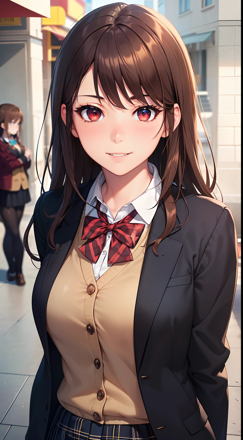((masterpiece, best quality, highres, UHD, perfect pixel, depth of field, 4k, RTX, HDR))), 1girl, single, solo, beautiful anime girl, beautiful artstyle, anime character, ((long hair, bangs, brown hair, curly hair:0.8)), ((red eyes:1.4, rounded eyes, beautiful eyelashes, realistic eyes)), ((detailed face, blushing:1.2)), ((smooth texture:0.75, realistic texture:0.65, photorealistic:1.1, anime CG style)), medium breasts, dynamic angle, perfect body, ((portrait, pov)), ((red bowtie, school uniform, black jacket, open jacket, brown cardigan, white shirt, black skirt, plaid skirt)), smile, amusement park,grin,white teeth,finger to mouth
