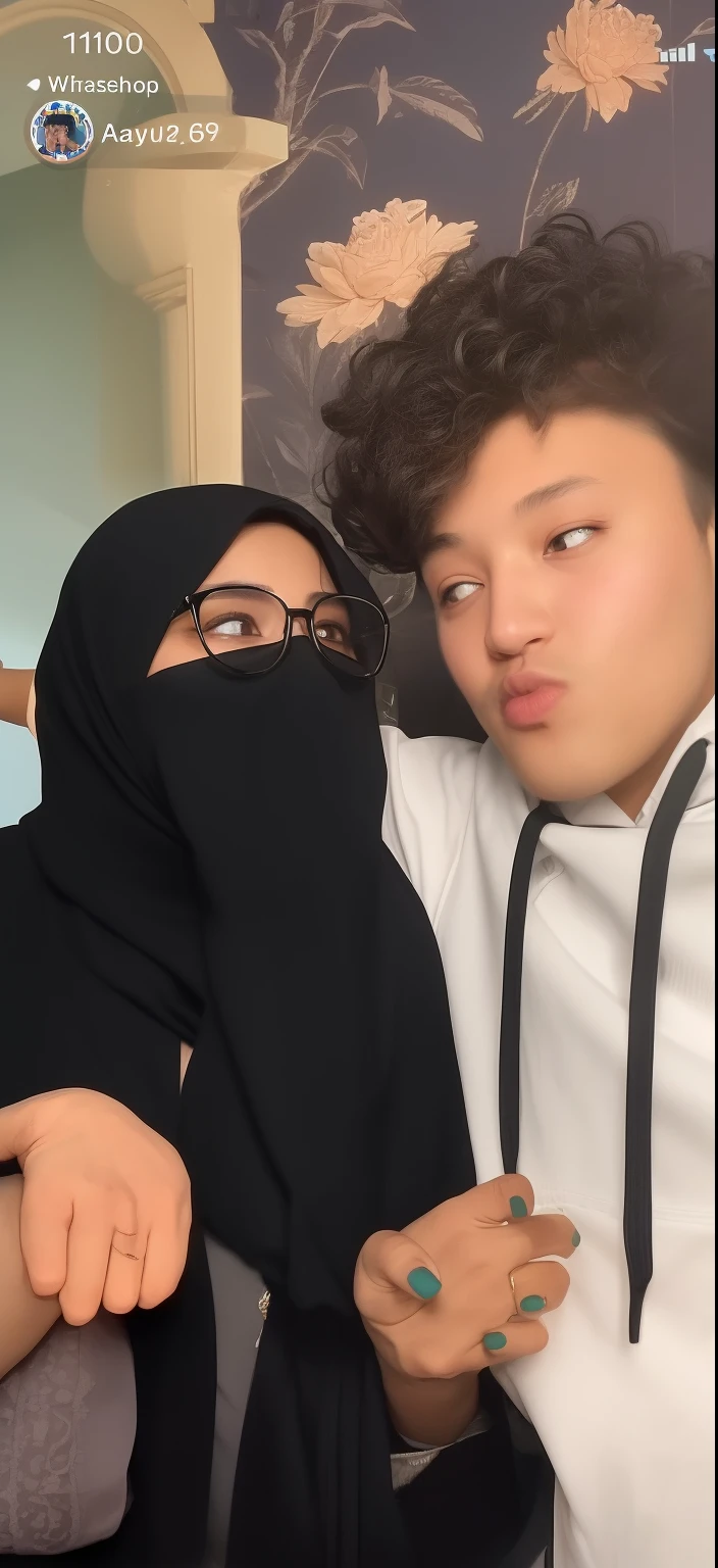 there are two people that are posing for a picture together, tiktok video, neckbeard, 😭🤮 💔, smooth in _ the background, low quality video, profile picture 1024px, kissing together cutely, instagram picture, face is wrapped in a black scarf, snapchat photo, face covered, instagram story, they are siblings