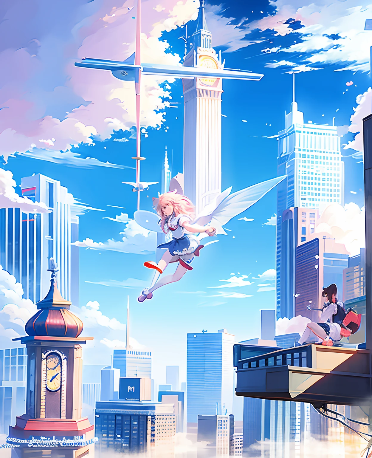 Cartoon takeaway girl flying with her takeout over a city with a clock tower in the background, anime style cityscape, Cities in the sky, 天空, Anime art wallpaper 4k, Anime art wallpaper 4k, Stunning wallpapers, A city floating in the clouds Douyin city logo winter cyberpunk