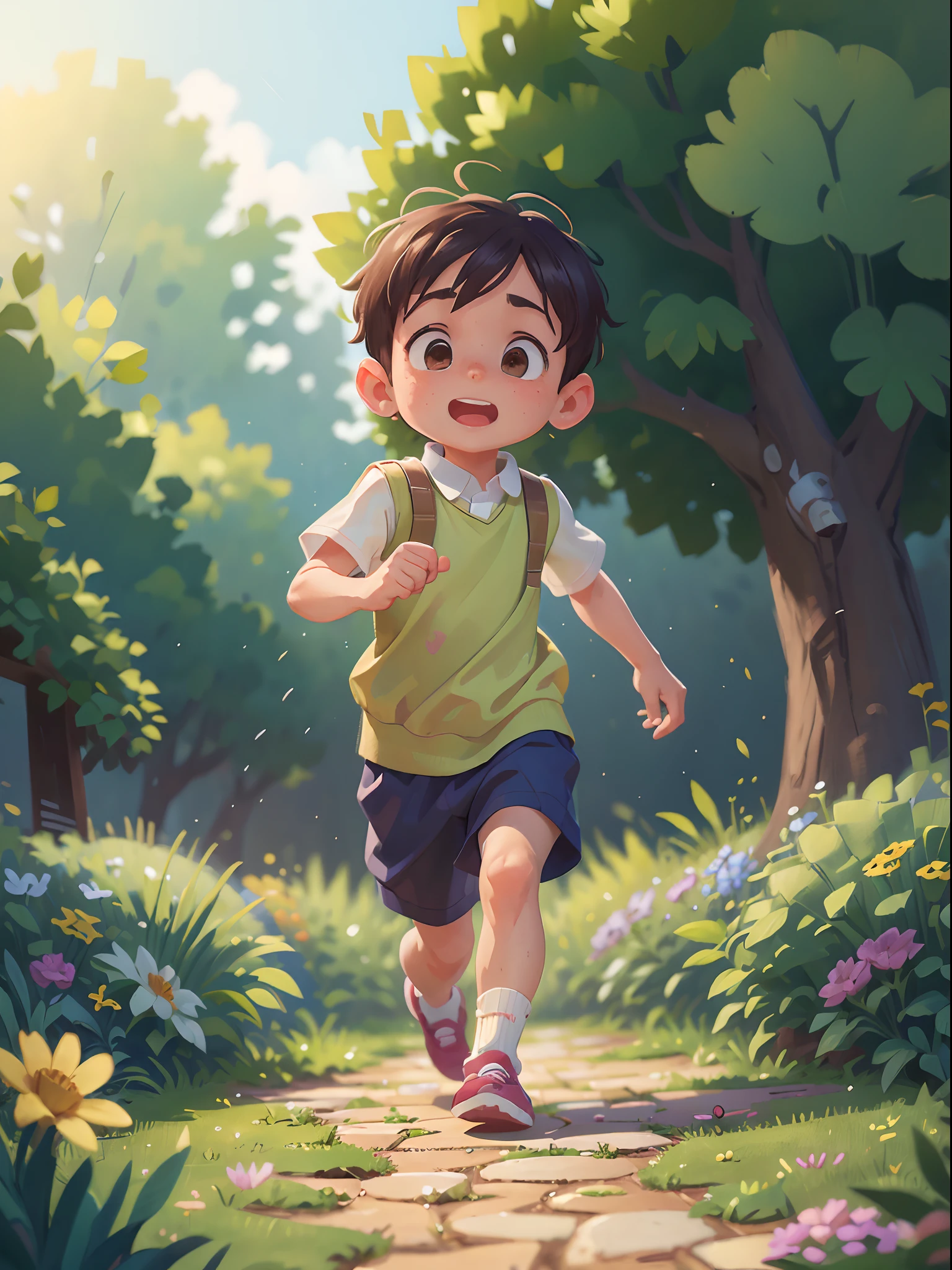 A 6-year-old boy is running in a garden, she is wearing gardener's clothes, is scared, scared, perfect quality, clear focus (mess - house: 0.8), (masterpiece: 1.2) (Realistic: 1.2) (Bokeh) (Best quality) (Detailed Skin: 1.3) (Intricate Details) (8K) (Eye Detail) (Sharp Focus), (happy)
