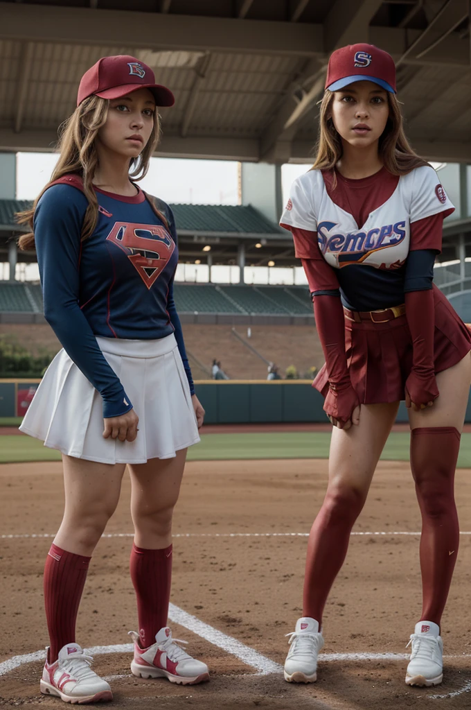 ungainly and unbalanced appearance、A scene where the women&#39;s baseball team transforms into Supergirl、S Mark、Transformation suddenly begins during the match.、The entire team transforms into Supergirl、Baseball caps are disappearing、Baseball uniform transforms into Supergirl suit、Transforms smoothly、Shoes transform into red boots、