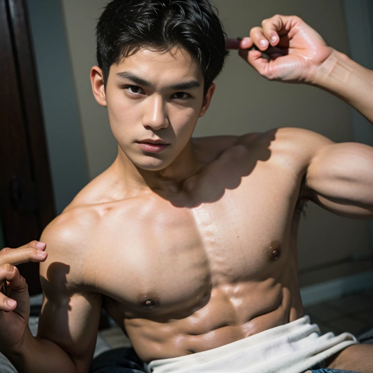 raw photo, in the dark, deep shadow, low key, cold light, man face, 1 man, 1man, man, Jaws firm, thin eyebrows, thin lips, Eye shape like a snake's eye, realistic, Male shoulders, Muscular, mullet hairstyle, broad shoulders, black hair, tan skin, angry face, cool face, bad boy vibe, carrying a black, smirk face, masculine, look cool, cool face, mainly face, full body portrait, Night city background, sharp eye, tan skin, Look like a Filipino boy, brown eye, looks 19 years old, 19 years old , pectoral grab from behind, muscular, multiples men, pectorals, , short hair, pectoral focus, solo focus, full body, sweatdrop, grabbing from behind, nipple tweak