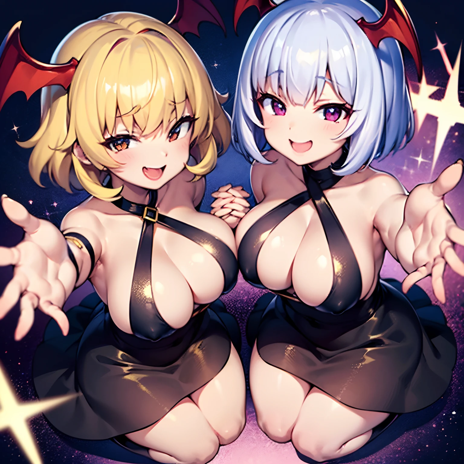 bob cuts tiarra Black Dress kawaii faces Full body Golden hair Princess Only 1 person succubus Exposed Close angle Angle from above Pose with both hands outstretched huge tit mesugaki