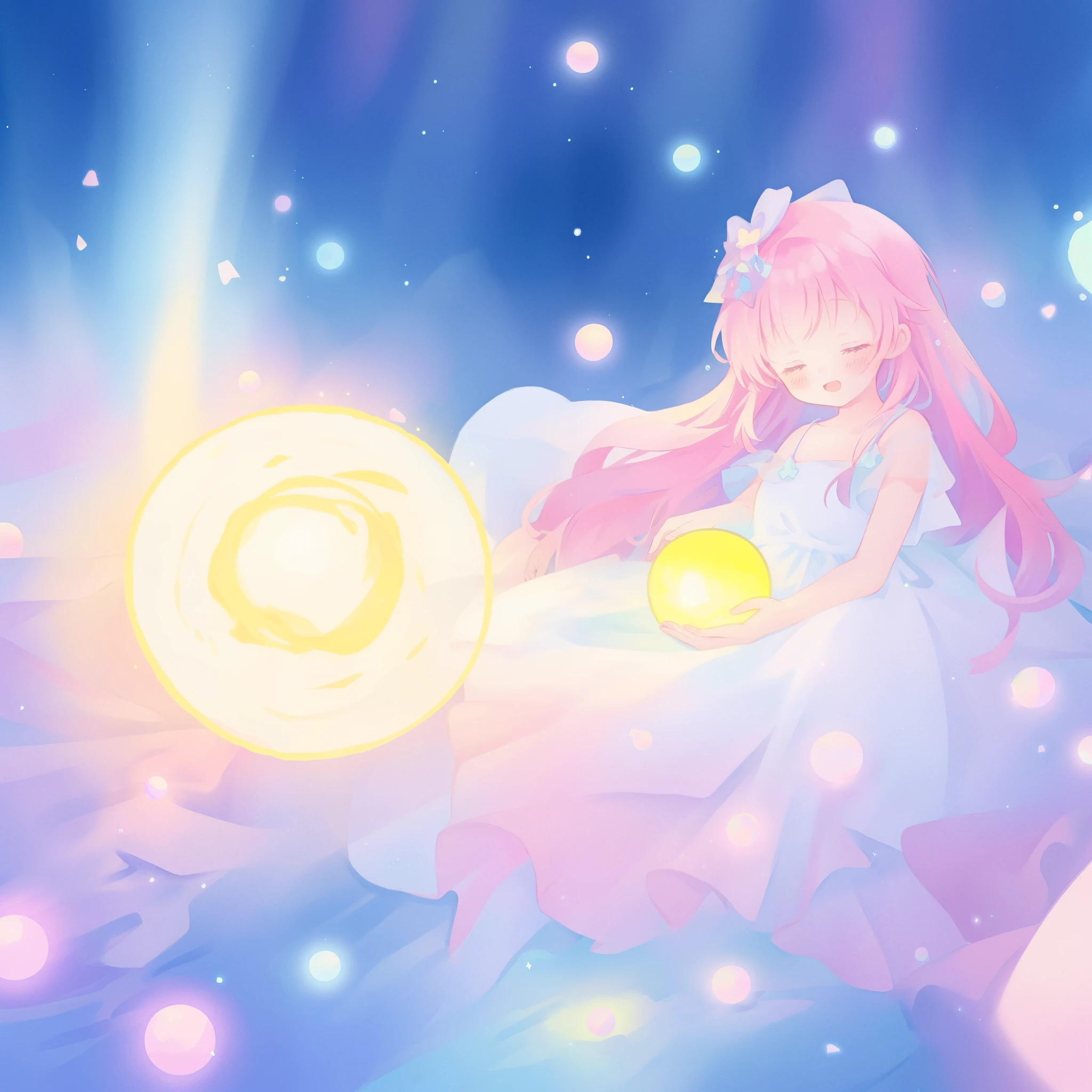 beautiful girl in sparkling white dress holding a magical sphere, ((sparkling puffy layered ballgown)), (magical, whimsical), (glowing magical orb), long flowing colorful hair, colorful fantasia background, watercolor illustration, disney art style, glowing aura around her, glowing lights, beautiful digital illustration, fantasia otherworldly landscape plants flowers, beautiful, masterpiece, best quality, anime disney style