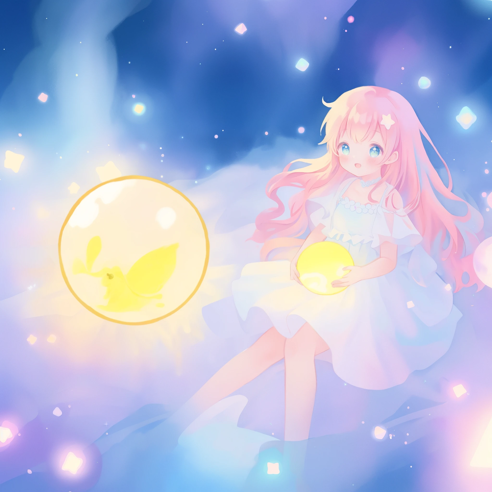 beautiful girl in sparkling white dress holding a magical sphere, ((sparkling puffy layered ballgown)), (magical, whimsical), (glowing magical orb), long flowing colorful hair, colorful fantasia background, watercolor illustration, disney art style, glowing aura around her, glowing lights, beautiful digital illustration, fantasia otherworldly landscape plants flowers, beautiful, masterpiece, best quality, anime disney style
