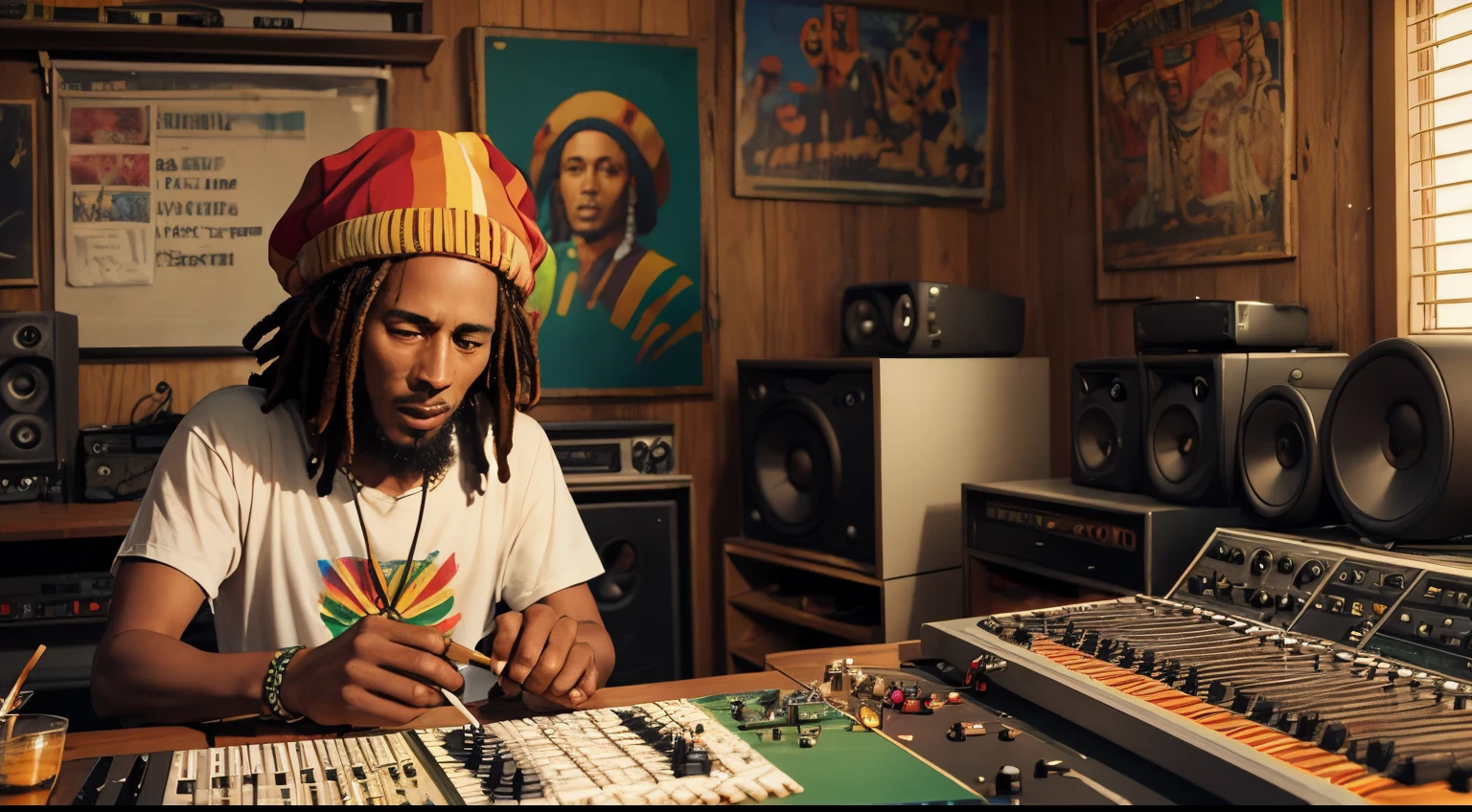 Reggae music studio, Bob Marley with reggae hat smoking a joint