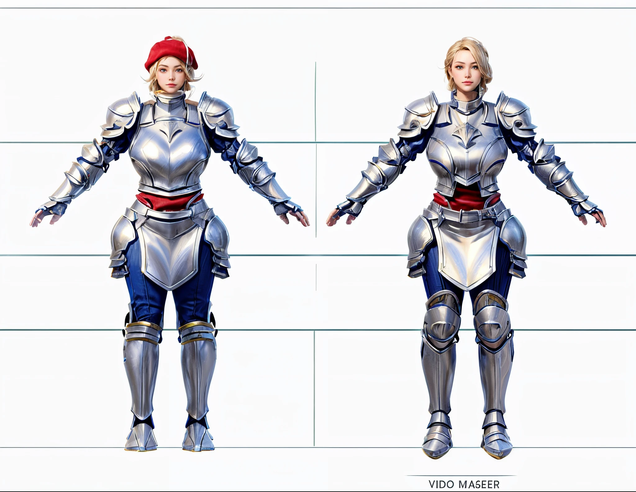 (Masterpiece, best quality: 1.2), (Super detailed), (Illustration) a close up of a person in armor with a red hat, full body character concept, full body concept, detailed full body concept art, concept armor, detailed full body concept, full body concept art, valkyrie style character, game character design, concept character, full body character concept art, 3 d character reference sheet, female mecha, video game character concept,  detailed character design, character sheet, character model sheet turnaround , Paladin wearing Silver Chain Shirt Armor with Moonlit Edges