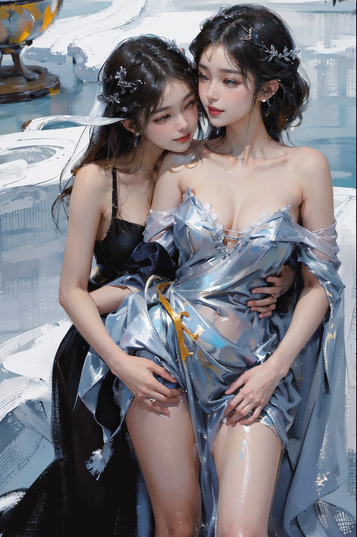 (2 girls),((Yuri))),((Eye contact))),(Look at each other),dancing in the snow, the night,A display of fireworks and a sea of lanterns,girl, ,(Best quality at best), ((tmasterpiece)), (A high resolution), pay,Perfect mature female figure, slim toned body,Original, mediuml breasts,High detail 8K wallpaper, Sweated,Wet hair,(very delicate beautiful),Contour deepening, realistically, Precise geometry, Complicated details,Smiling, long and flowing hair, Rises with the wind, Snowflake colorful gift,Close-up cleavage,((Sexual suggestiveness)),,(Fechin Oil Painting - Fechin Oil Painting , oil painted), 03