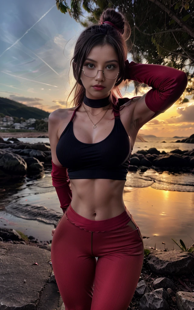 (8K, Masterpiece, RAW photo, Best quality, detail:1.3), (ultra realistic:1.4, scenary, 8K), Depth of field, Cinematic light, (ultra realistic face), (1 ultra skinny girl:1.3), (Beautiful and elegant girl), (tight red pants:1.4), (girl with glasses), (latina face:1.5), (natural abs), (full body:1.5), (tight black minitop:1.6), (small necklace, collarbone:1.1), (ultra detailed skin:1.3), (tight gloves), (soft fabric red pants:1.3)