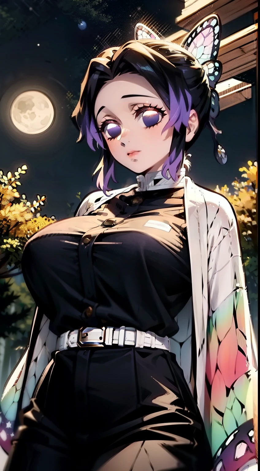 Masterpiece, Best Quality, hight resolution, 1girl, 独奏, Kocho Shinobi, Master Parts, beste-Qualit, supreme, 1girll, In the bamboo forest，There is a huge bright moon in the background, Kochou Shinobu, butterfly hair jewelry, violet eyes, multi-colored hair, Short hair, Separate lane, haori, White Japanese cape, Longer sleeves, black pantsuit, black jacket, belt, Character looking at camera，Decorating your hair with a butterfly, violet eyes, multi-colored hair, Short hair, Parted bangs, Black pants, black jacket, long sleeves, belt, Cowboy shot, in the woods, Looking at the starry sky, Close your mouth, Night with countless stars, the Milky Way