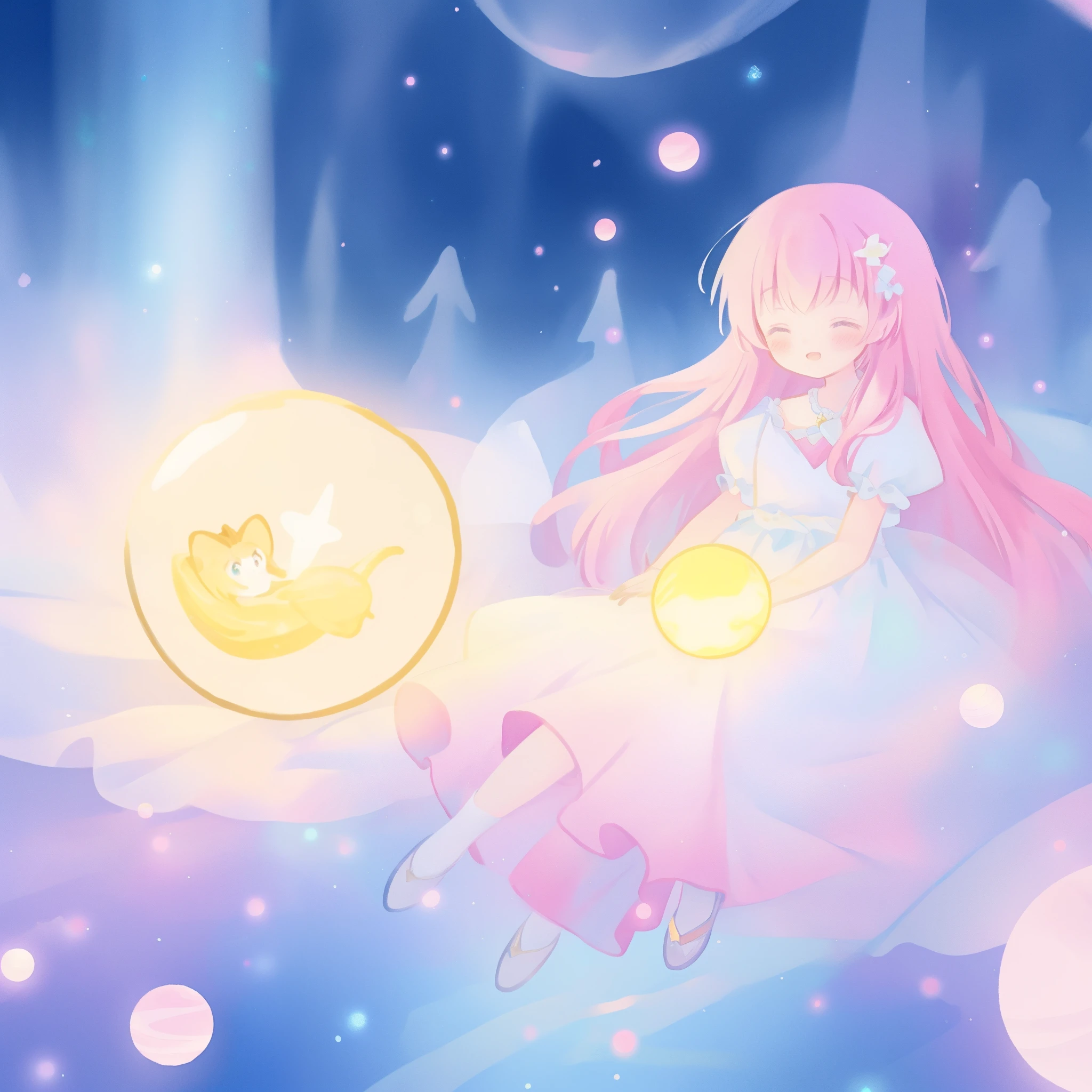 beautiful girl in sparkling white dress holding a magical sphere, ((sparkling puffy layered ballgown)), (magical, whimsical), (glowing magical orb), long flowing colorful hair, colorful fantasia background, watercolor illustration, disney art style, glowing aura around her, glowing lights, beautiful digital illustration, fantasia otherworldly landscape plants flowers, beautiful, masterpiece, best quality, anime disney style