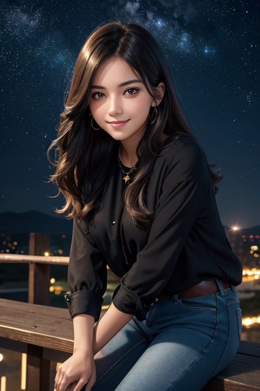 adult female; shy smile; gazing deep into the viewer's eyes; comfortable pose; leaning in towards the viewer; dark brown hair flowing in the breeze; sparkling amber eyes; deeply loves the viewer; wearing a fitted black blouse and blue jeans; star-studded night sky background; surreal;