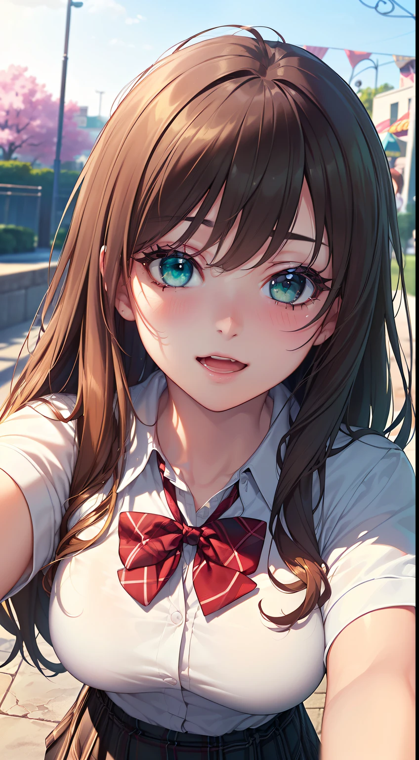 ((masterpiece, best quality, highres, UHD, perfect pixel, depth of field, 4k, RTX, HDR))), 1girl, single, solo, beautiful anime girl, beautiful artstyle, anime character, ((long hair, bangs, brown hair, curly hair:0.8)), ((green eyes:1.4, rounded eyes, beautiful eyelashes, realistic eyes)), ((detailed face, blushing:1.2)), ((smooth texture:0.75, realistic texture:0.65, photorealistic:1.1, anime CG style)), medium breasts, dynamic angle, perfect body, ((POV, close up)), ((red bowtie, school uniform, sweater uniform, white shirt, black skirt, plaid skirt)), smile, open mouth, amusement park, cherry blossom