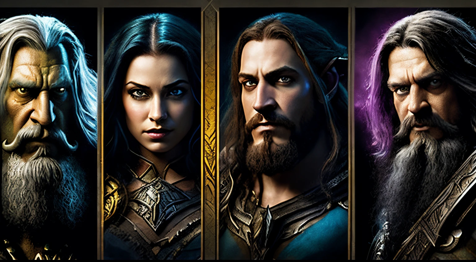 Warcraft video game characters portrait by Alan Moore, comic art, multi-panel compositions, uhd image, matte background, vibrant comics, strong contrast between light and dark.