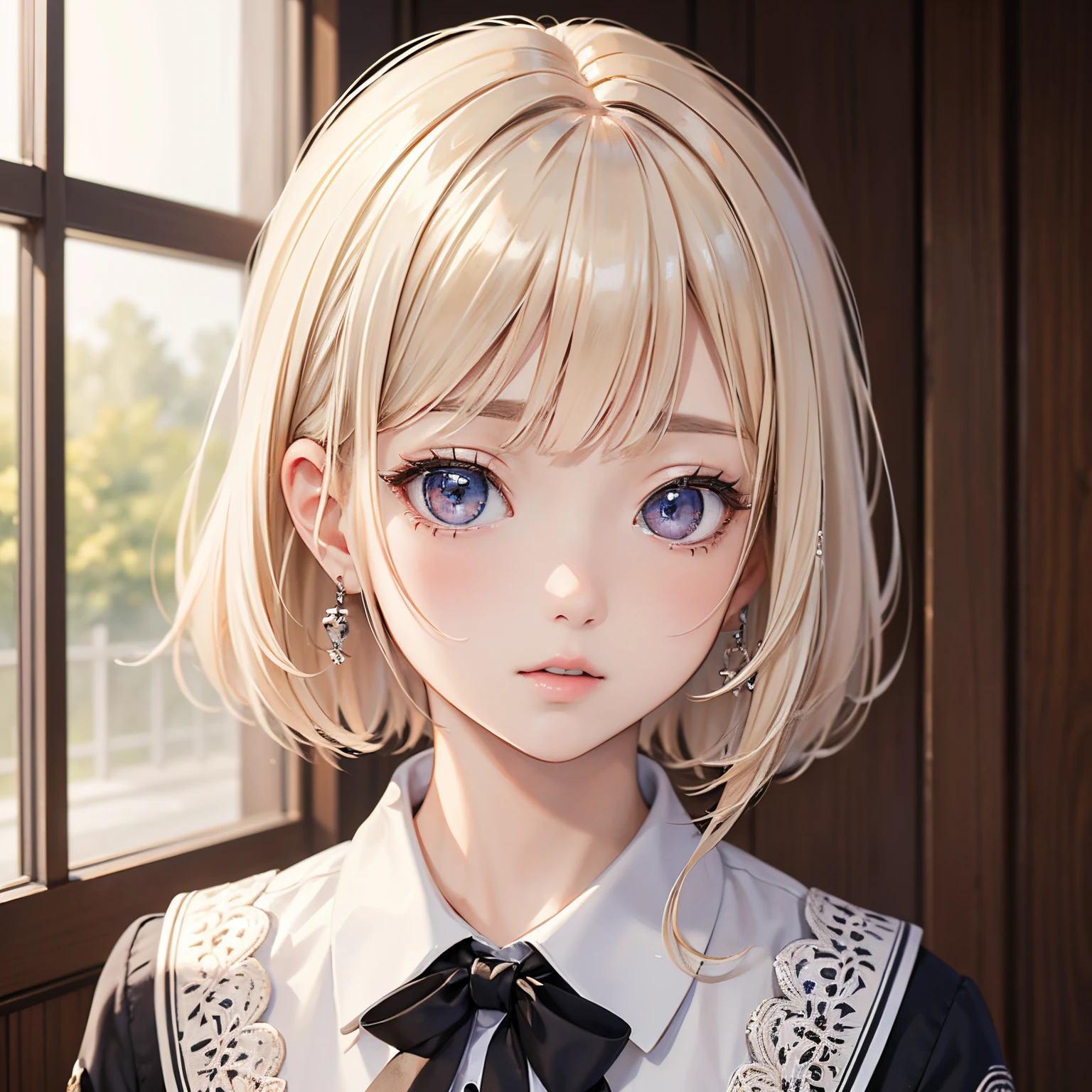 (masterpiece:1.2, best quality), realistic, (real picture, intricate details, depth of field), solo,1girl,bishojo,beautiful detailed eyes,Student uniforms, platinum blonde hair