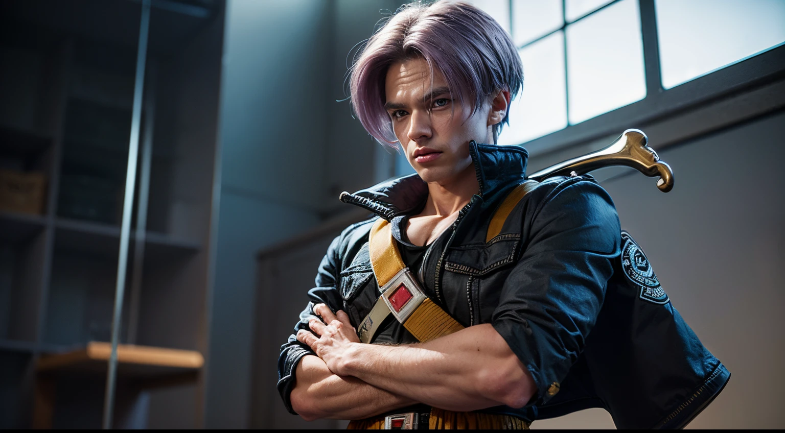 (masterpiece, best quality:1.2), cowboy shot, solo, male focus, 1boy, trunks \(dragon ball\), expressionless, closed mouth, looking at viewer, crossed arms, purple hair, blue eyes, jacket, shirt, pants, sword