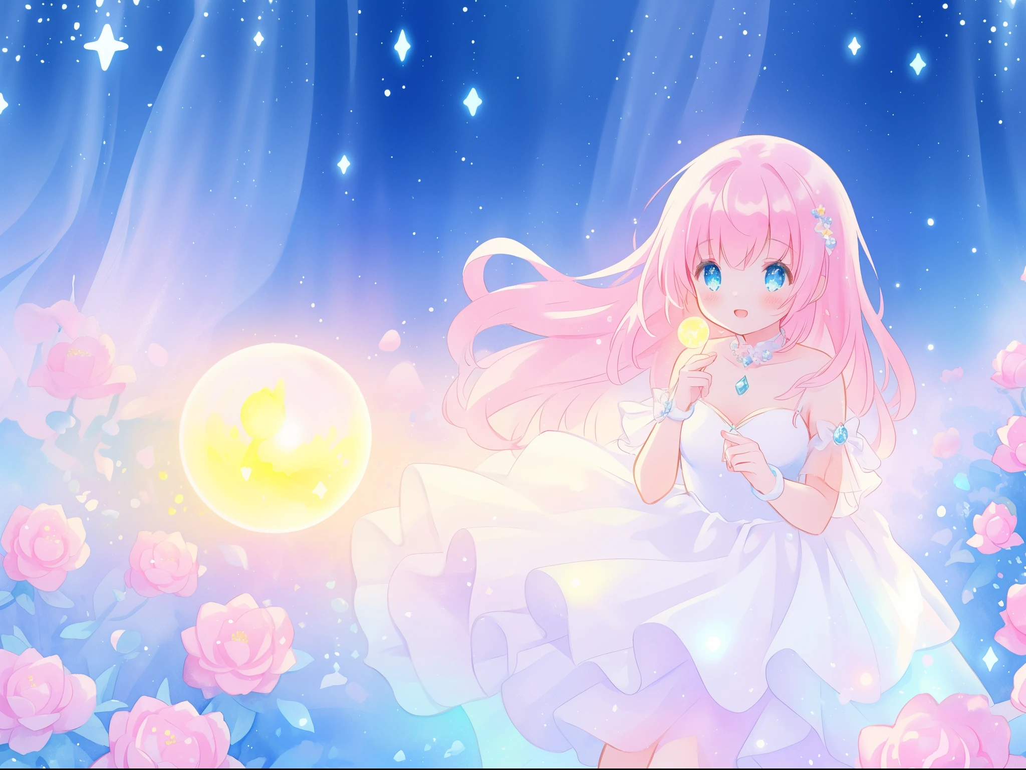 beautiful girl in sparkling white dress holding a magical sphere, ((sparkling puffy layered ballgown)), (magical, whimsical), (glowing magical orb), long flowing colorful hair, colorful fantasia background, watercolor illustration, disney art style, glowing aura around her, glowing lights, beautiful digital illustration, fantasia otherworldly landscape plants flowers, beautiful, masterpiece, best quality, anime disney style