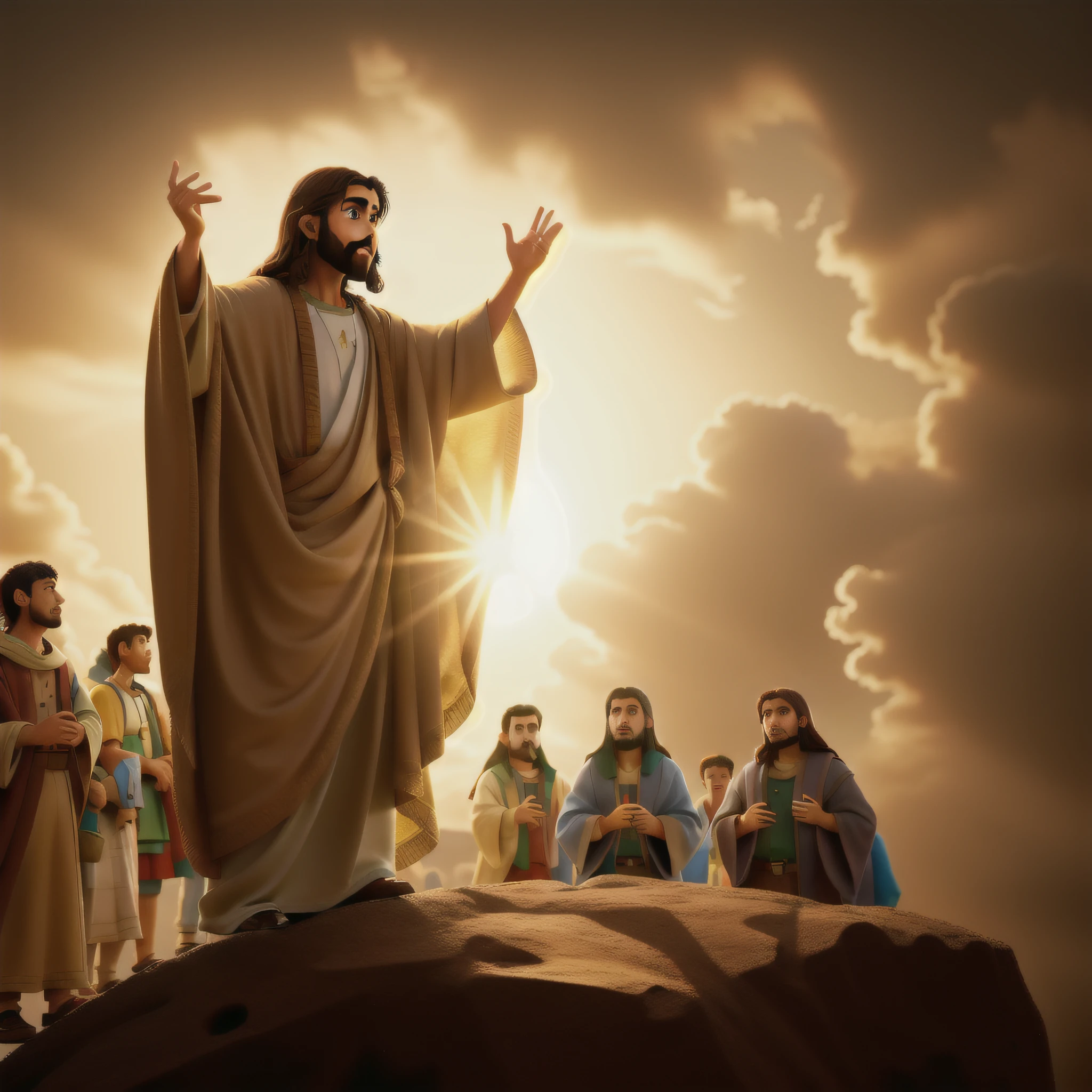 Jesus cristo, preaching to a large crowd of people, estilo disney pixar, melhor qualidade, alta qualidade