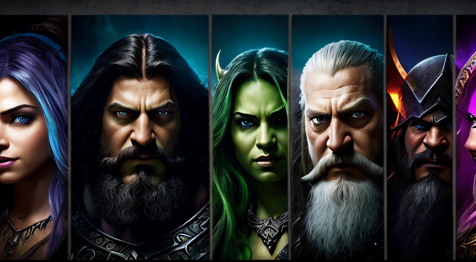 Warcraft video game characters portrait by Alan Moore, comic art, multi-panel compositions, uhd image, matte background, vibrant comics, strong contrast between light and dark.